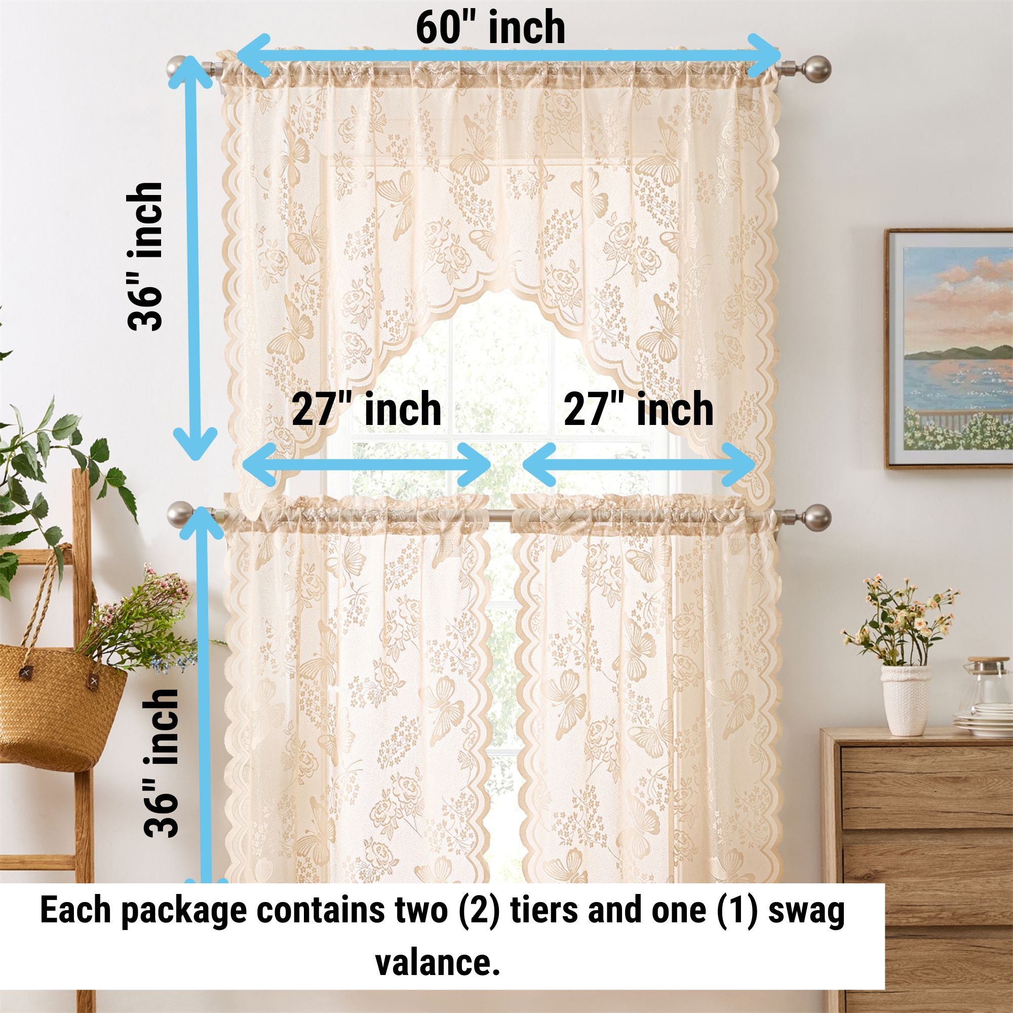 Butterfly Floral Lace Sheer 3 Piece Kitchen Curtains Set Tiers and Swag Set