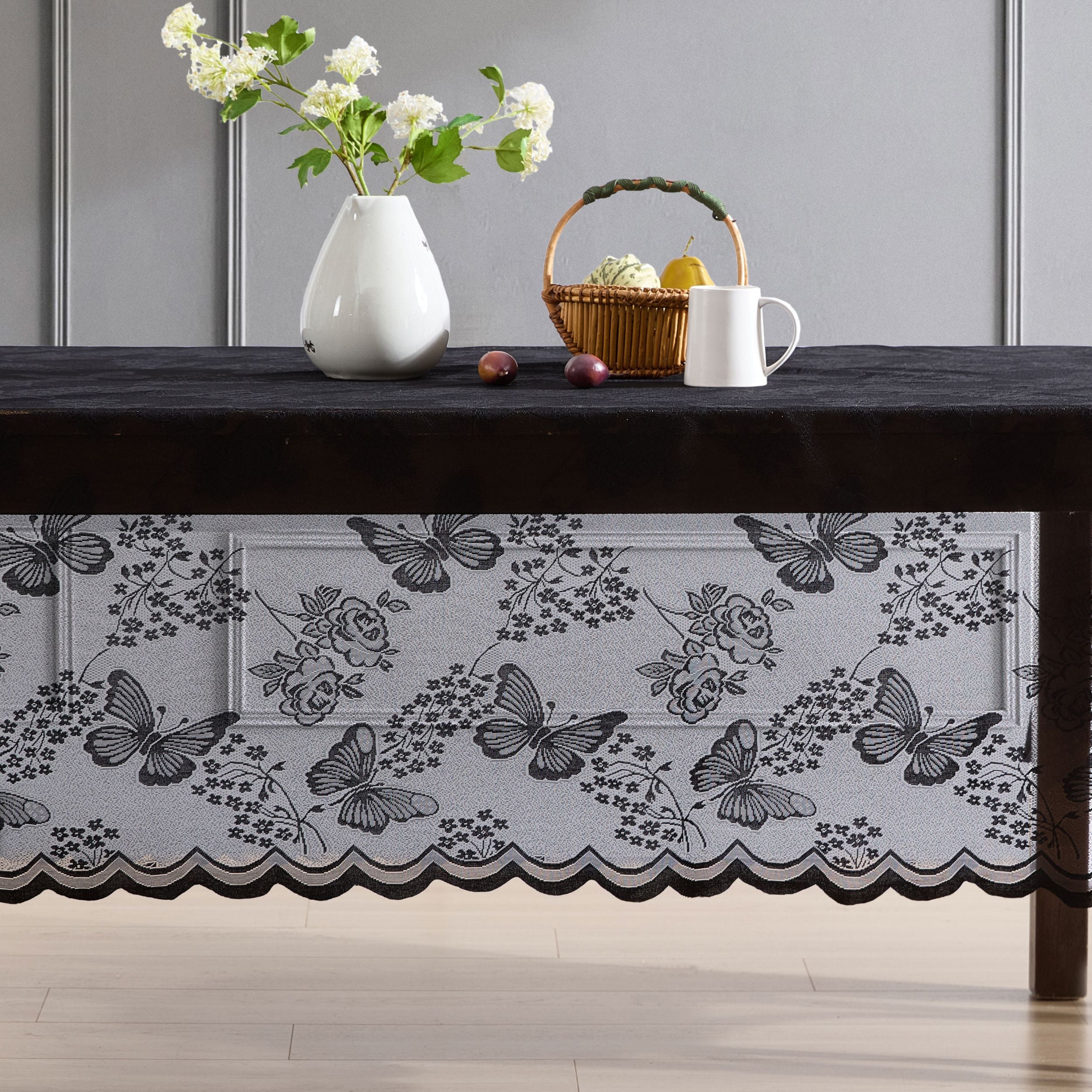 Butterfly Floral Lace Fabric Scalloped Tablecloth
