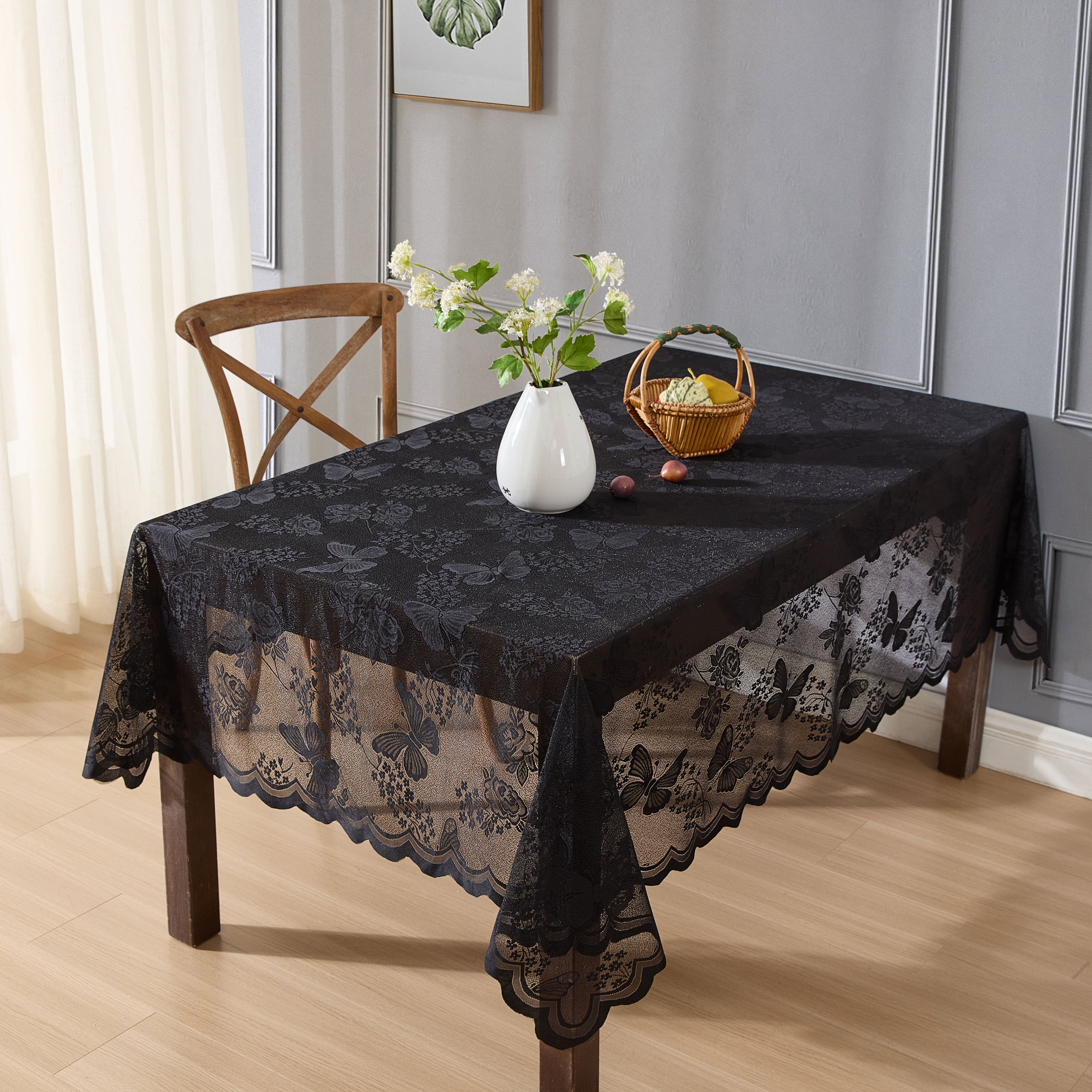 Butterfly Floral Lace Fabric Scalloped Tablecloth