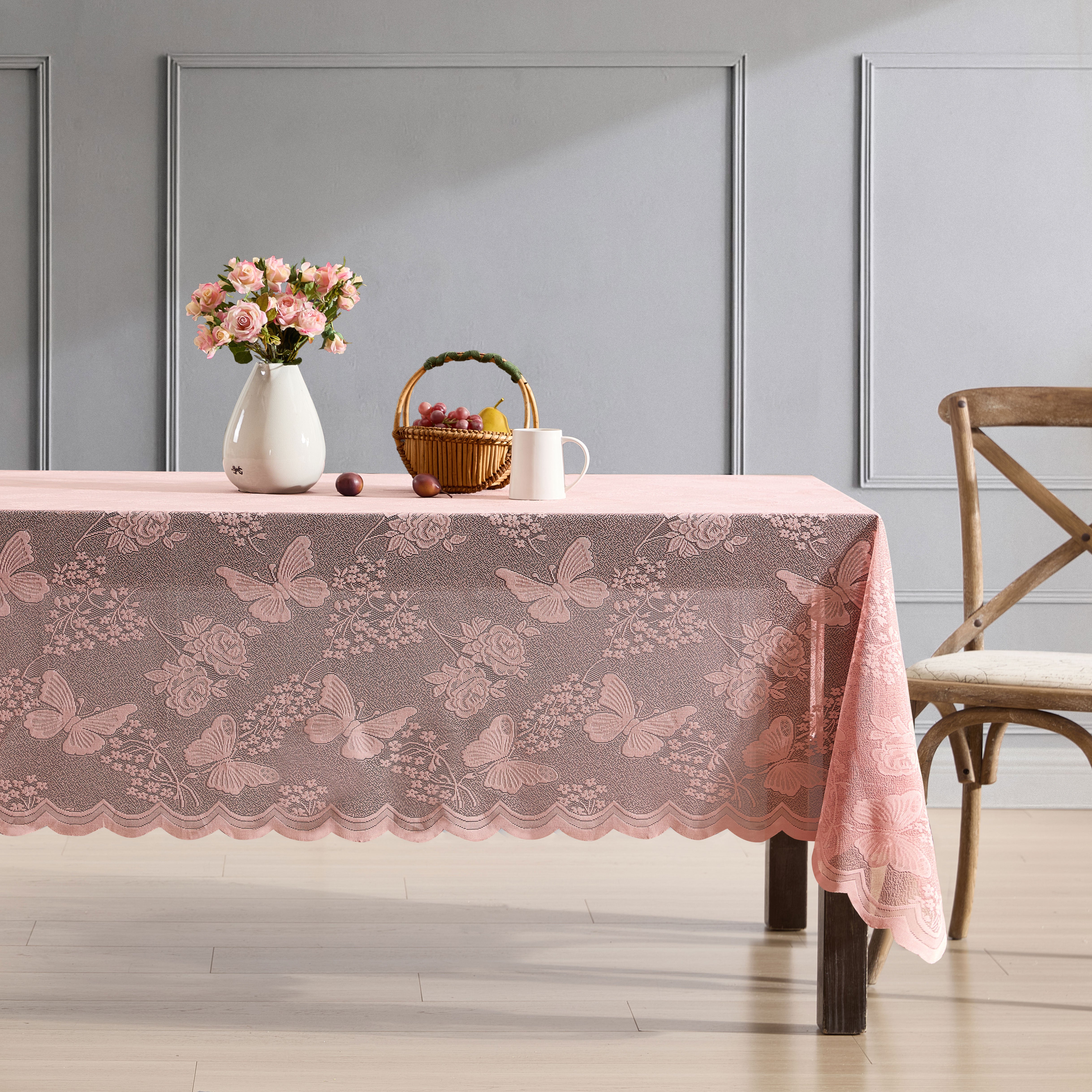 Butterfly Floral Lace Fabric Scalloped Tablecloth