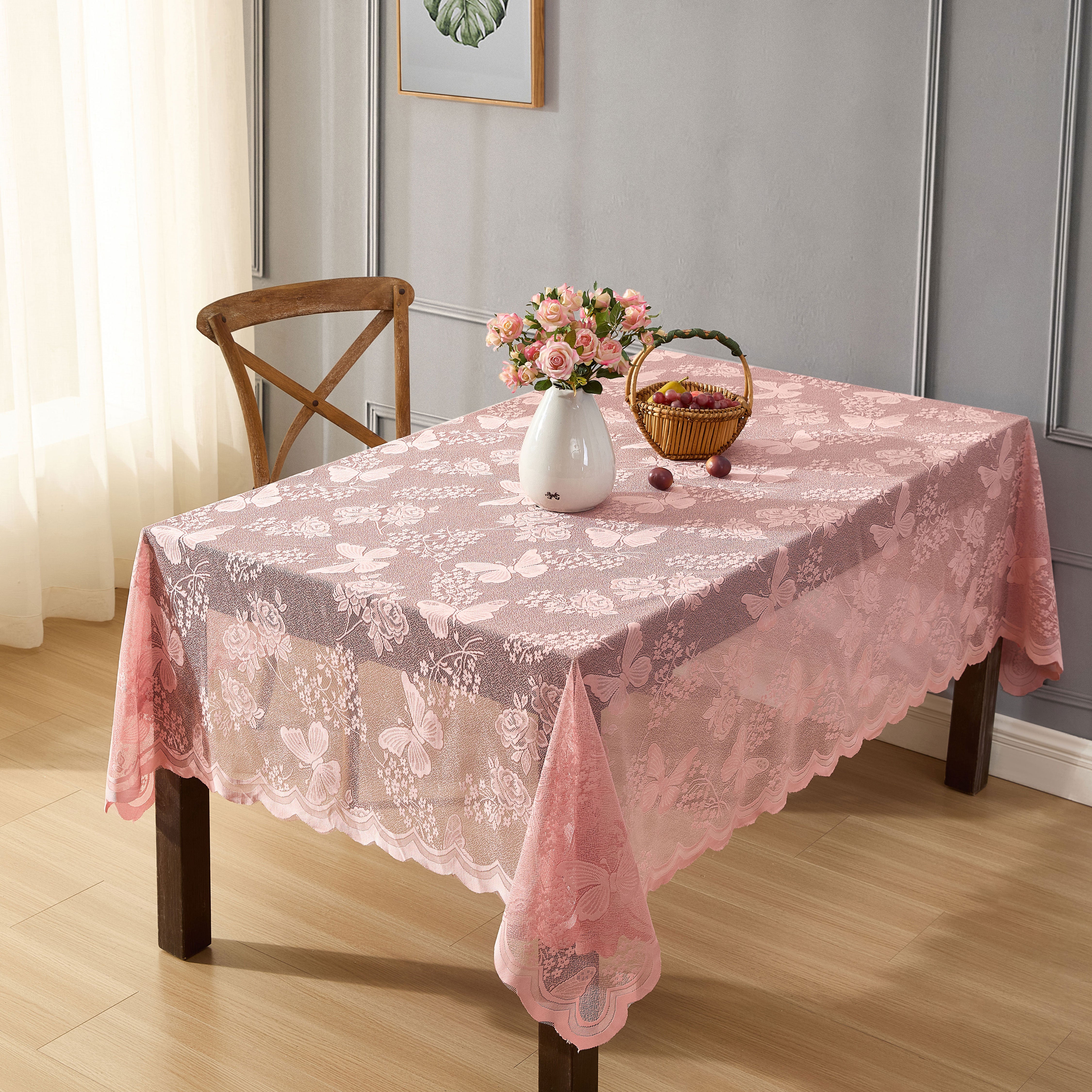 Butterfly Floral Lace Fabric Scalloped Tablecloth