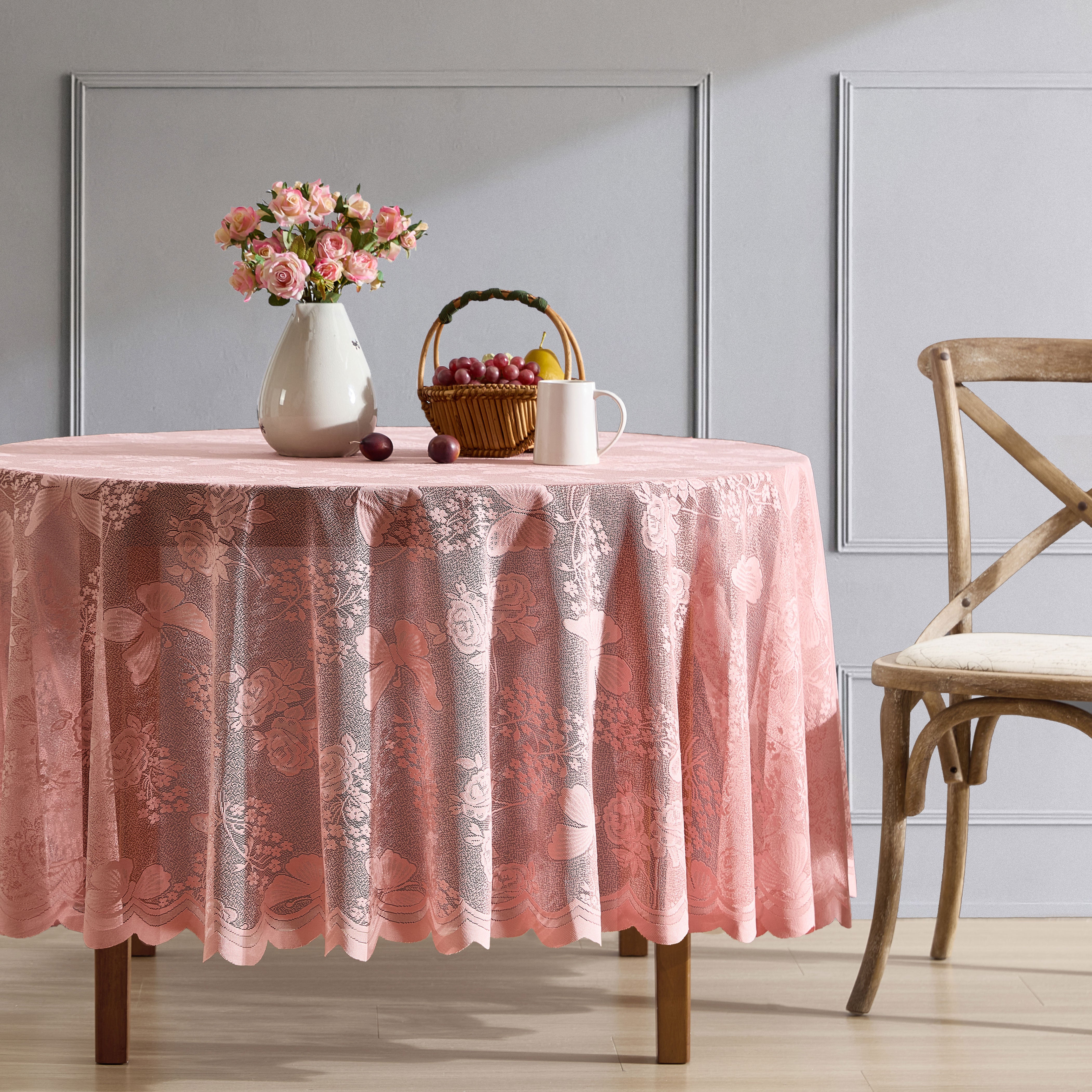Butterfly Floral Lace Fabric Scalloped Tablecloth