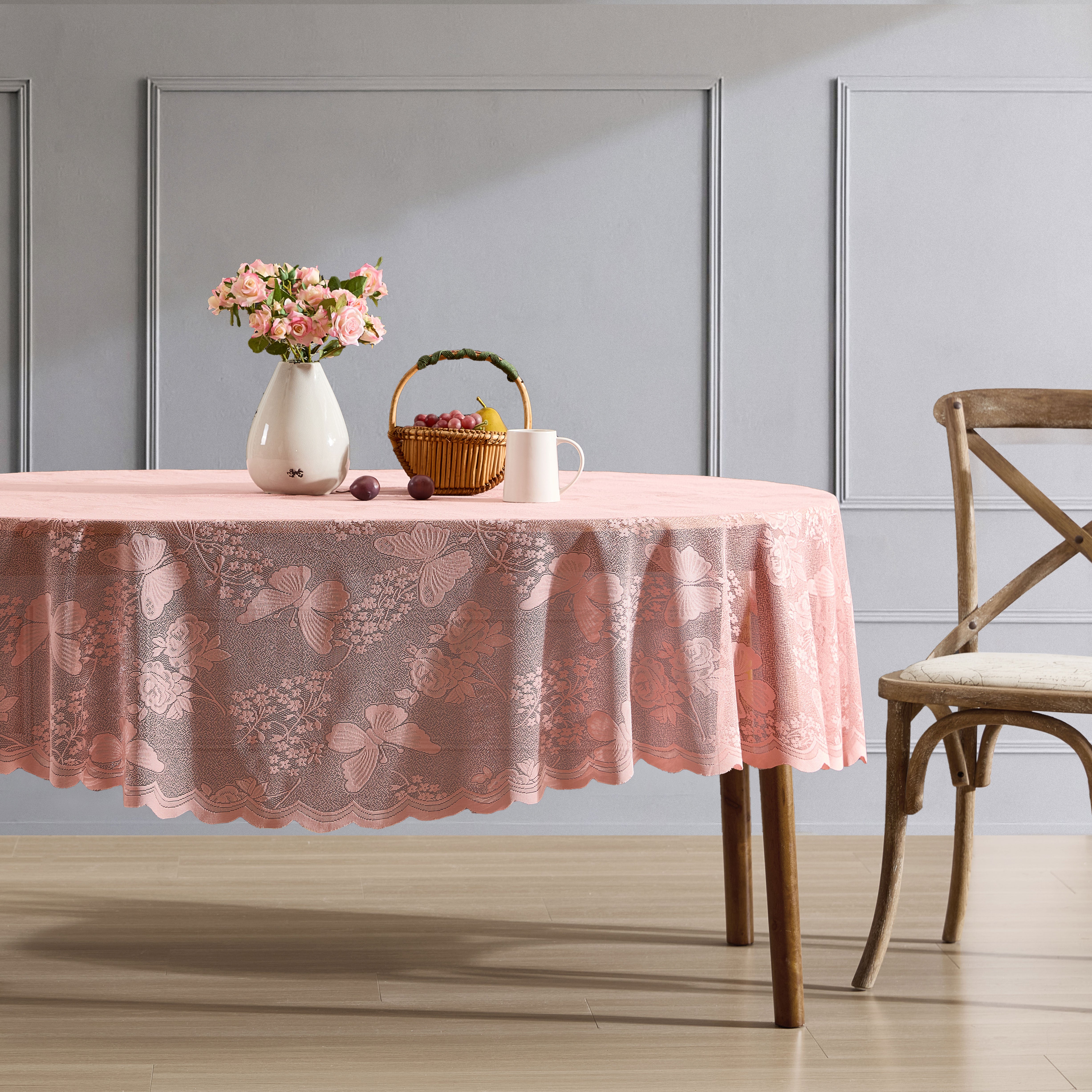 Butterfly Floral Lace Fabric Scalloped Tablecloth