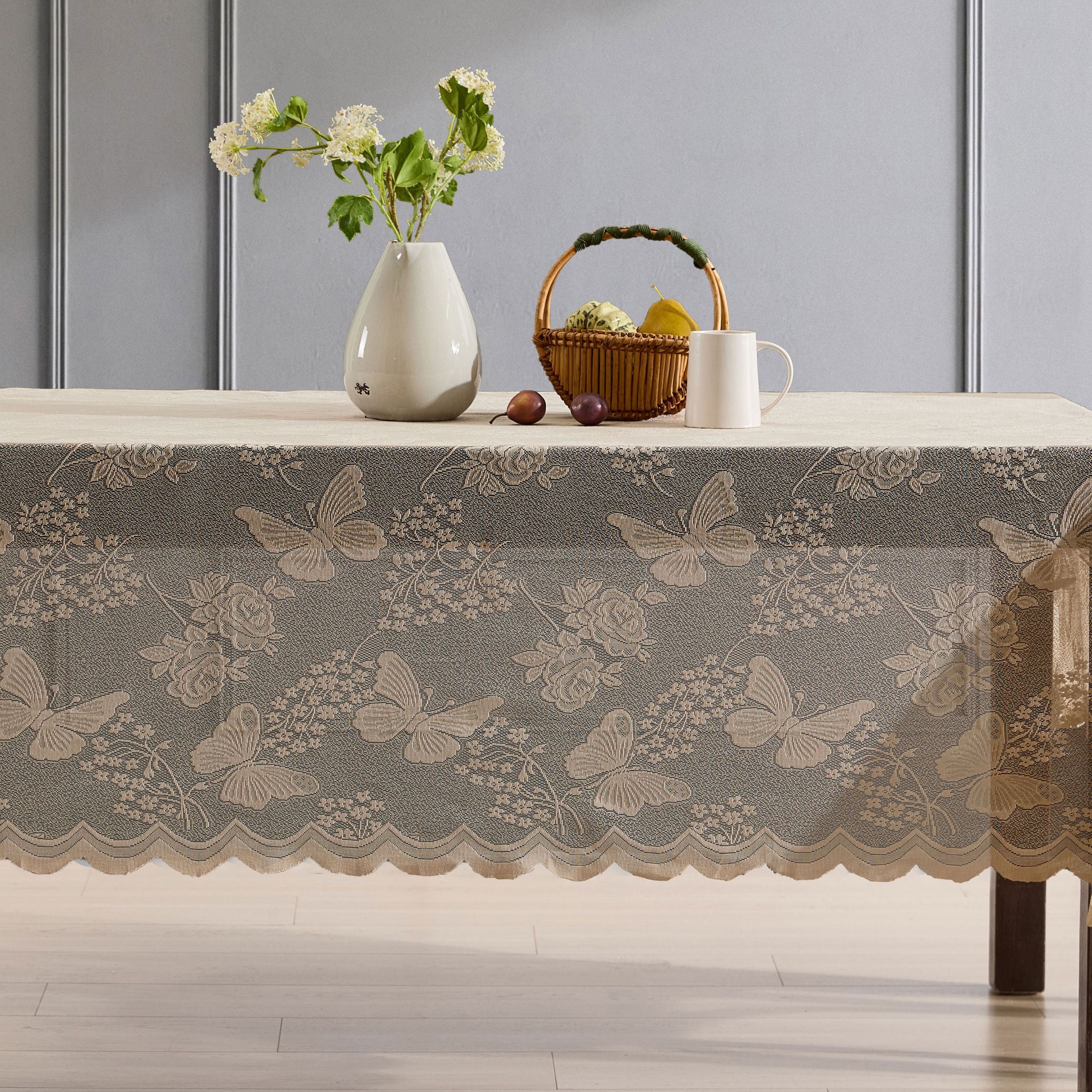 Butterfly Floral Lace Fabric Scalloped Tablecloth