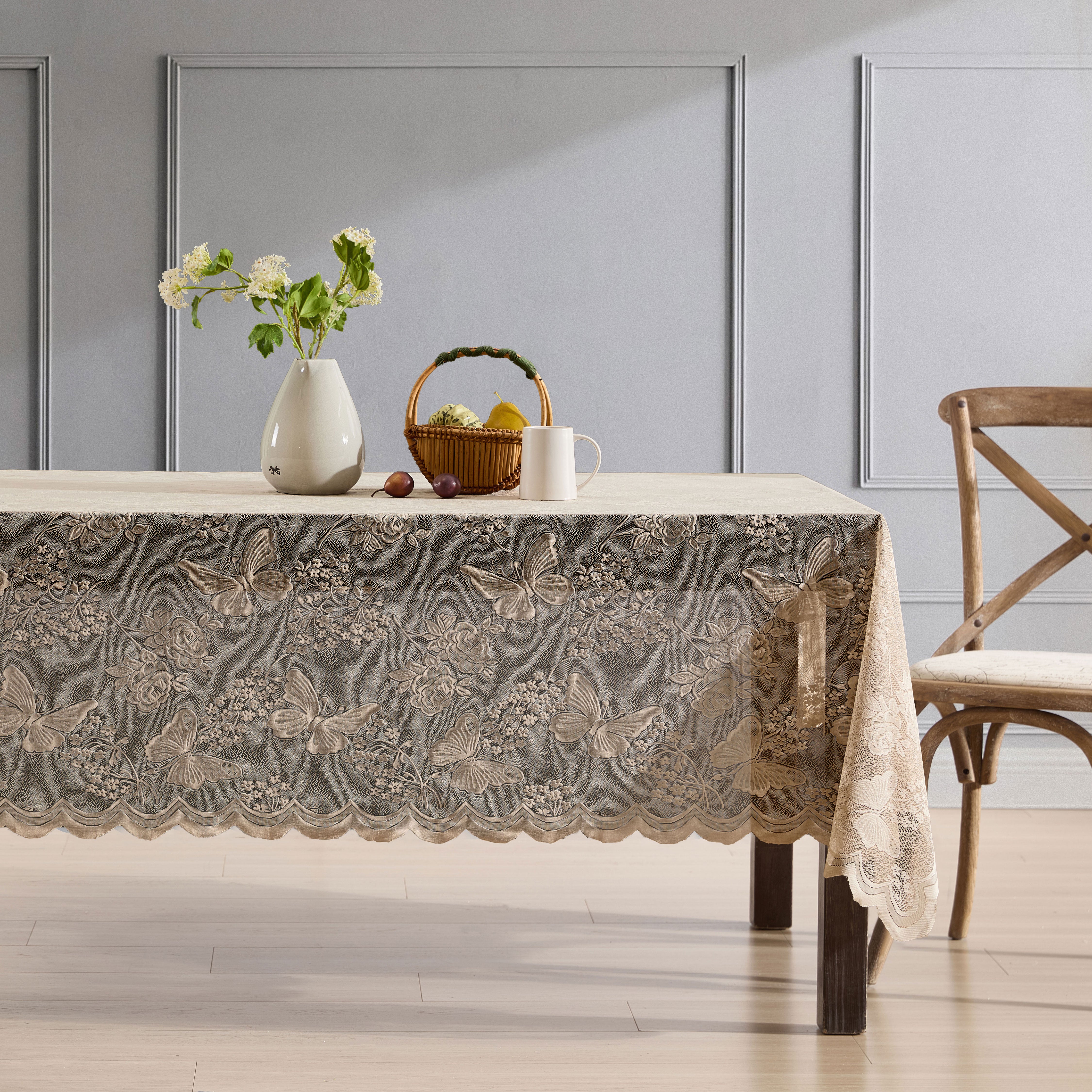 Butterfly Floral Lace Fabric Scalloped Tablecloth