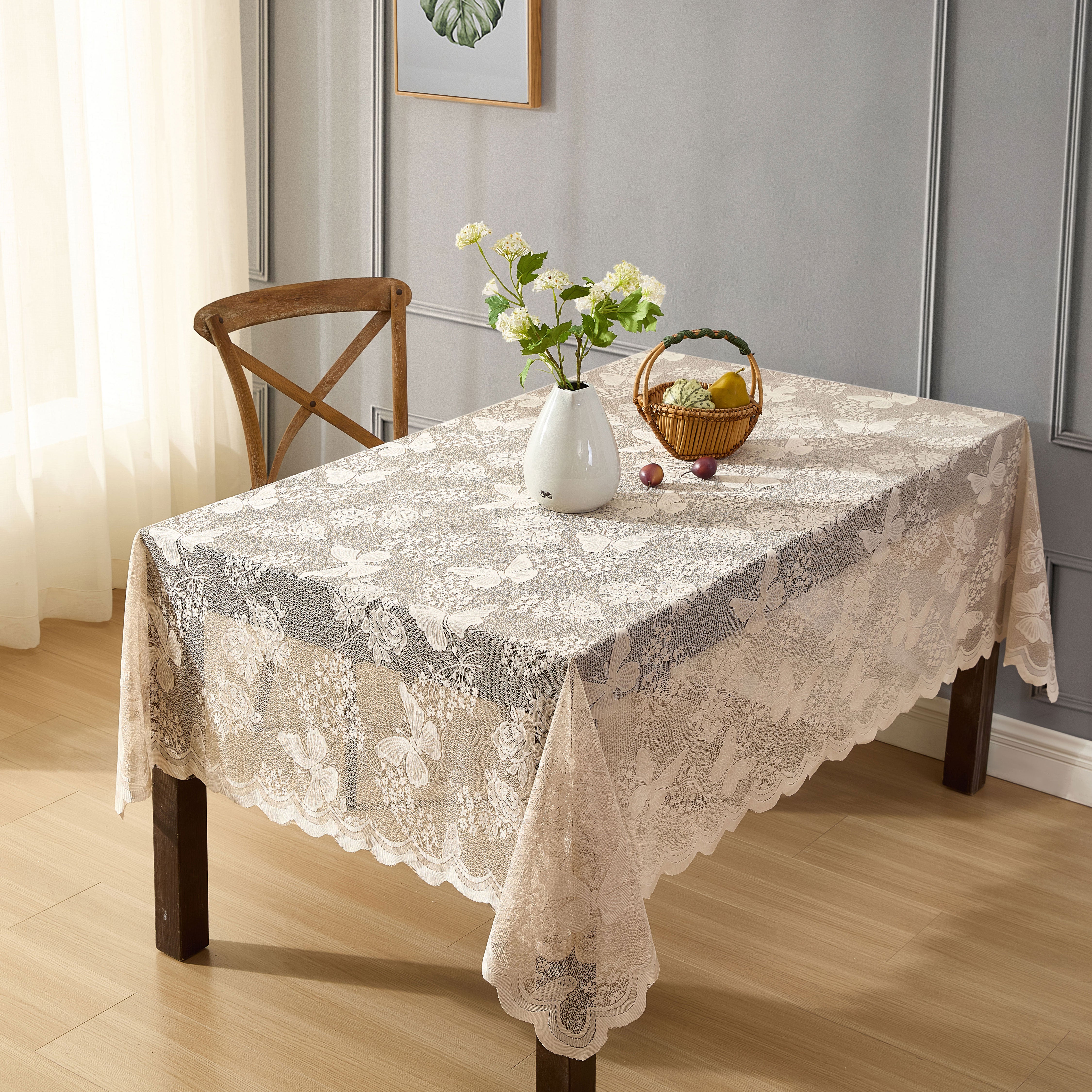 Butterfly Floral Lace Fabric Scalloped Tablecloth