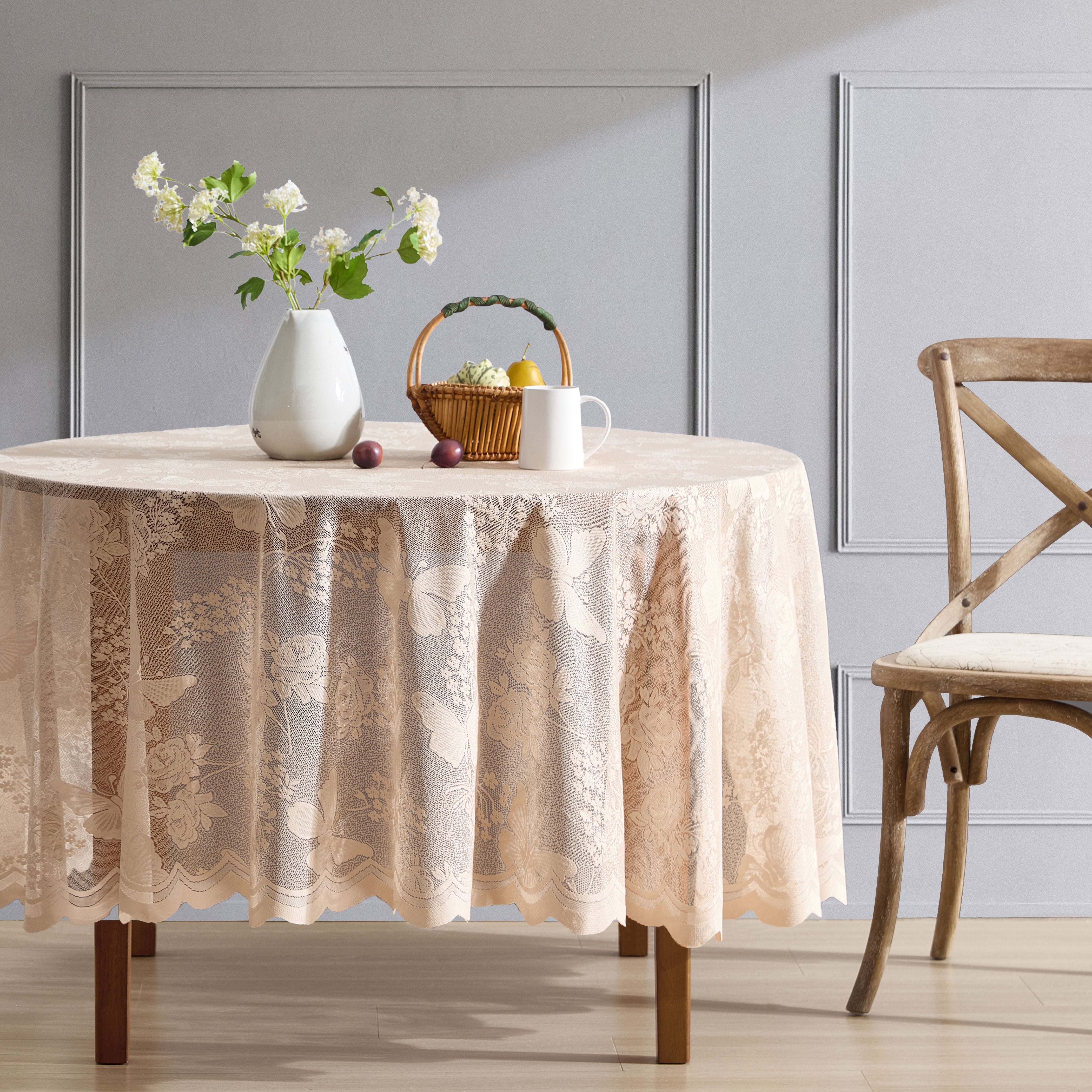 Butterfly Floral Lace Fabric Scalloped Tablecloth