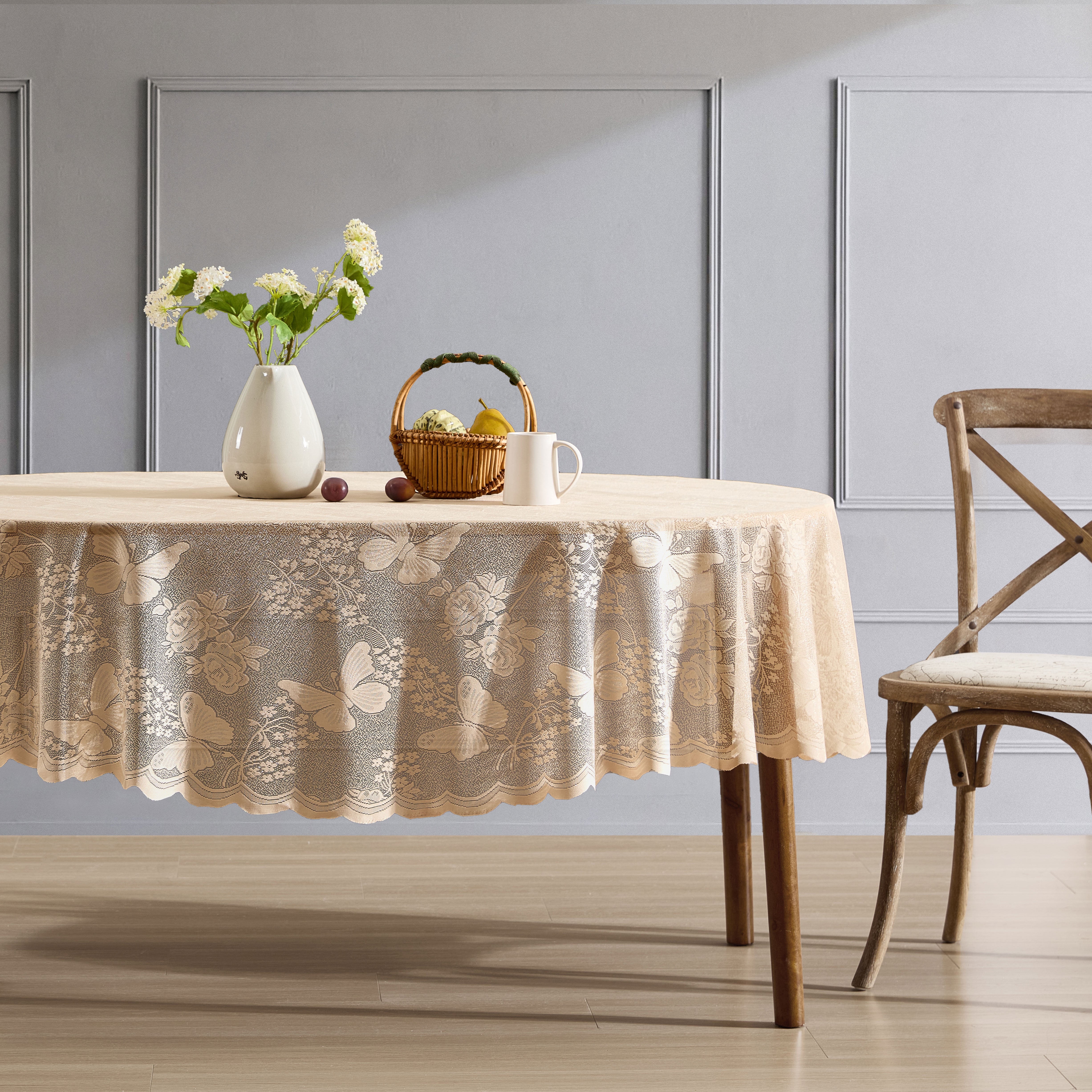 Butterfly Floral Lace Fabric Scalloped Tablecloth