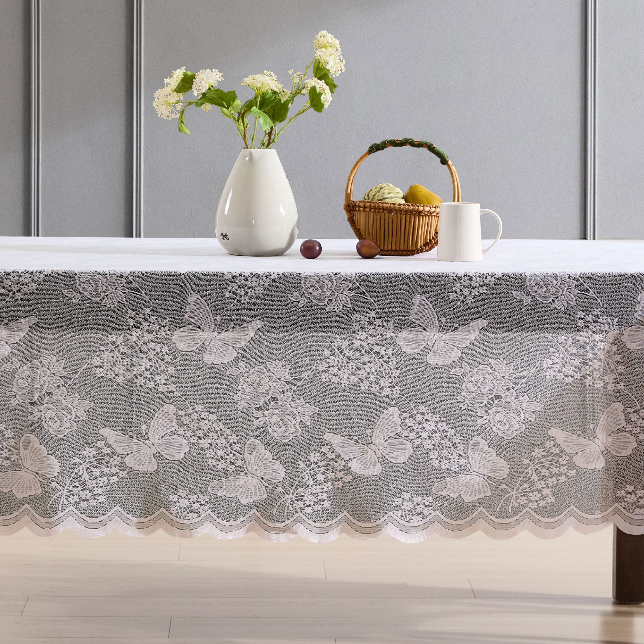 Butterfly Floral Lace Fabric Scalloped Tablecloth
