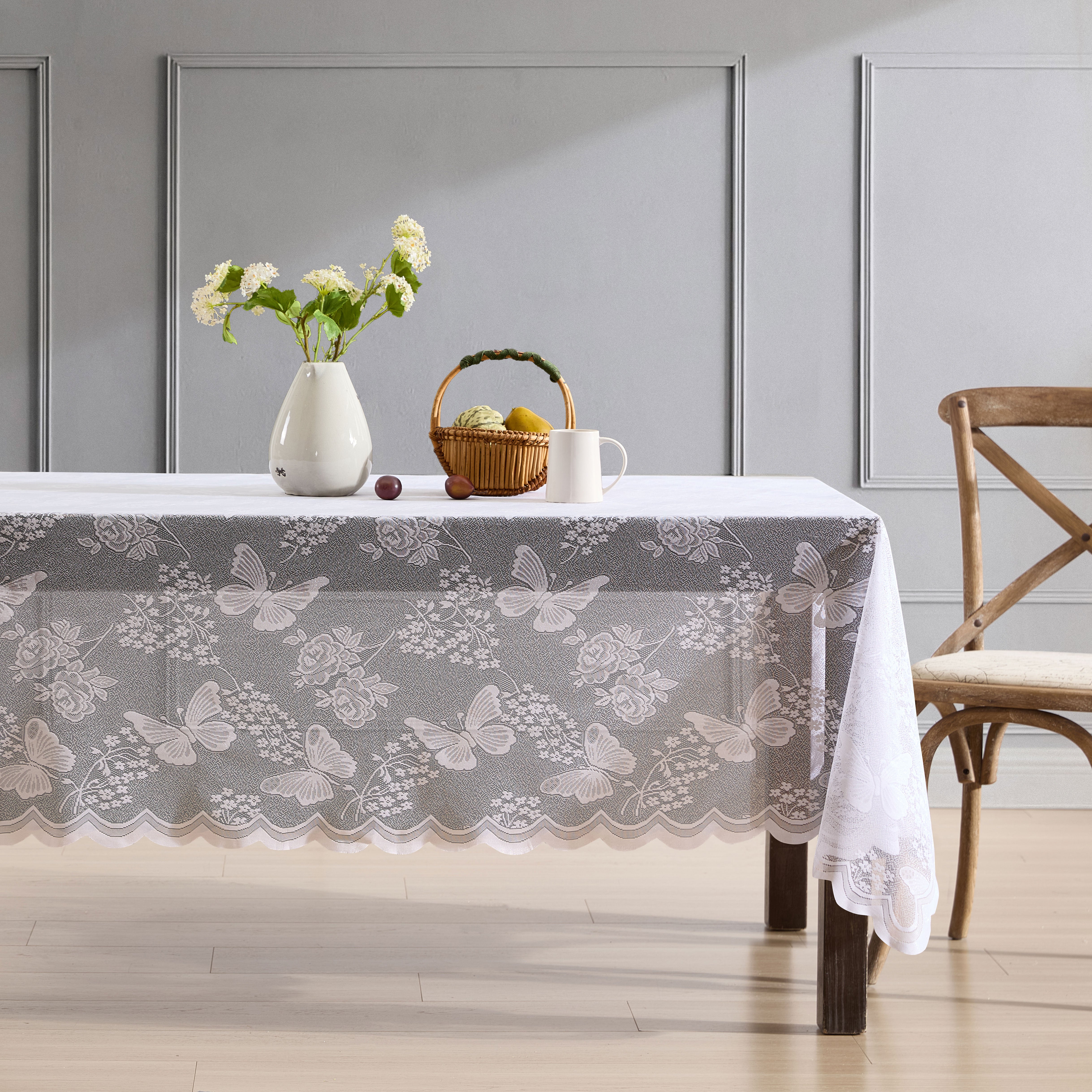 Butterfly Floral Lace Fabric Scalloped Tablecloth