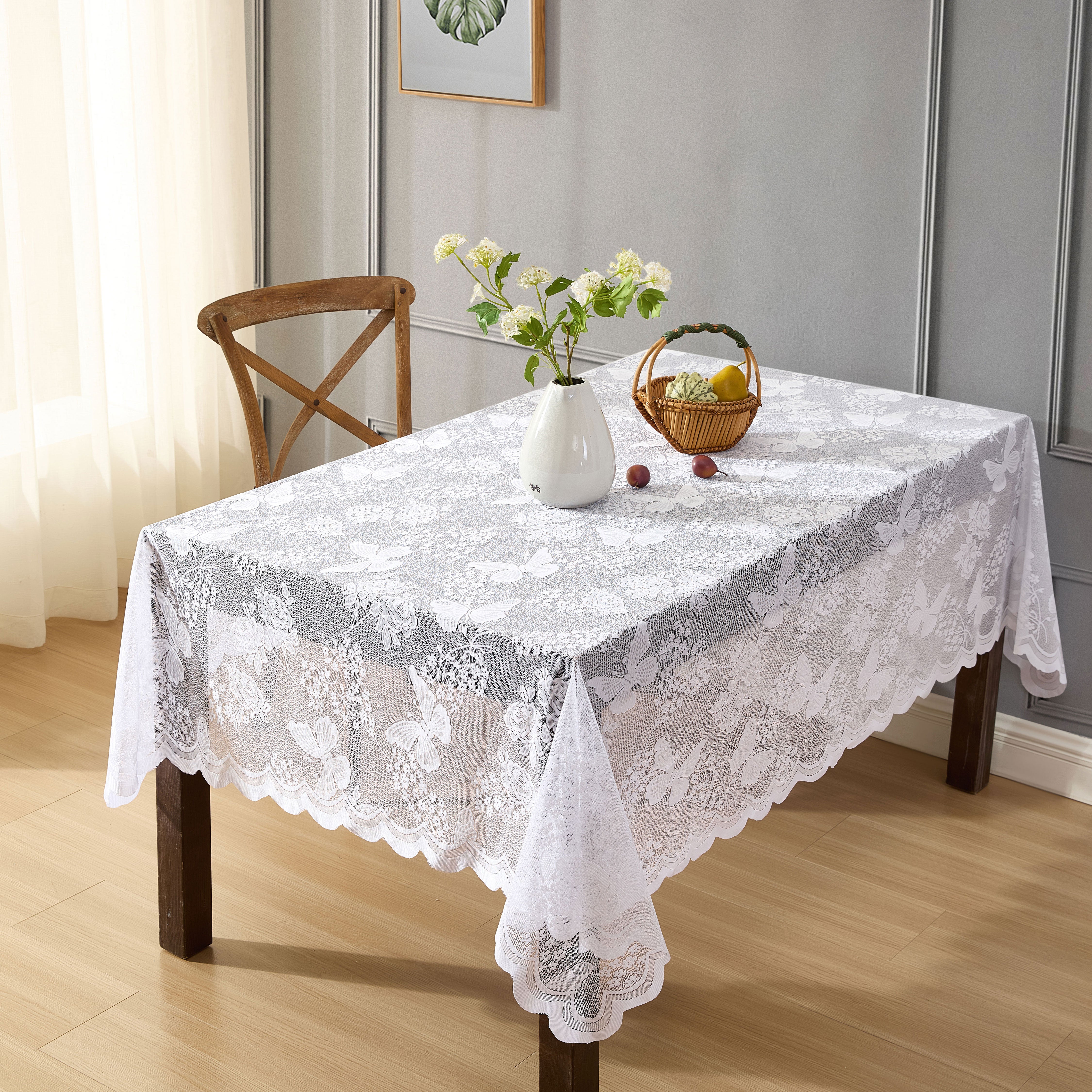 Butterfly Floral Lace Fabric Scalloped Tablecloth