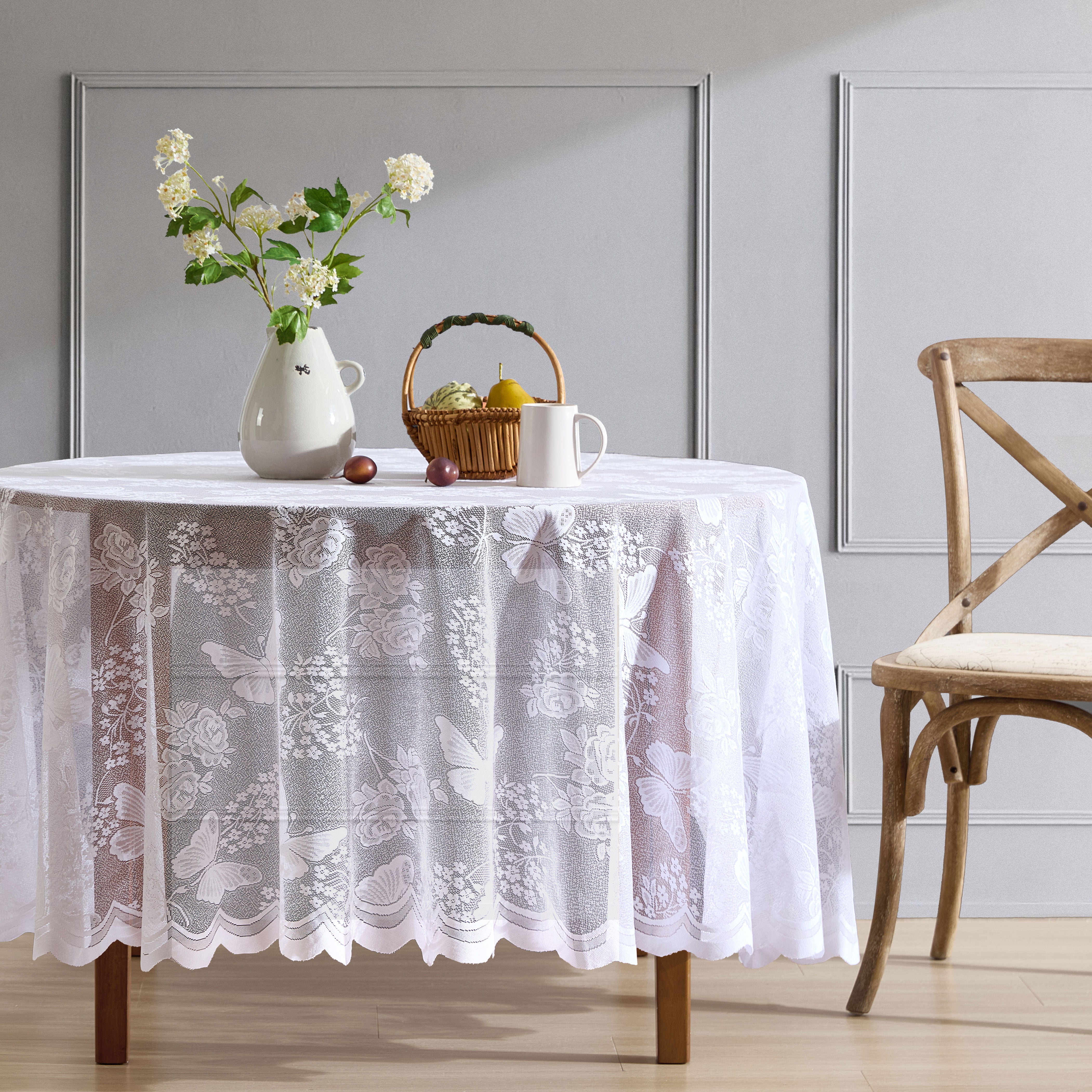 Butterfly Floral Lace Fabric Scalloped Tablecloth