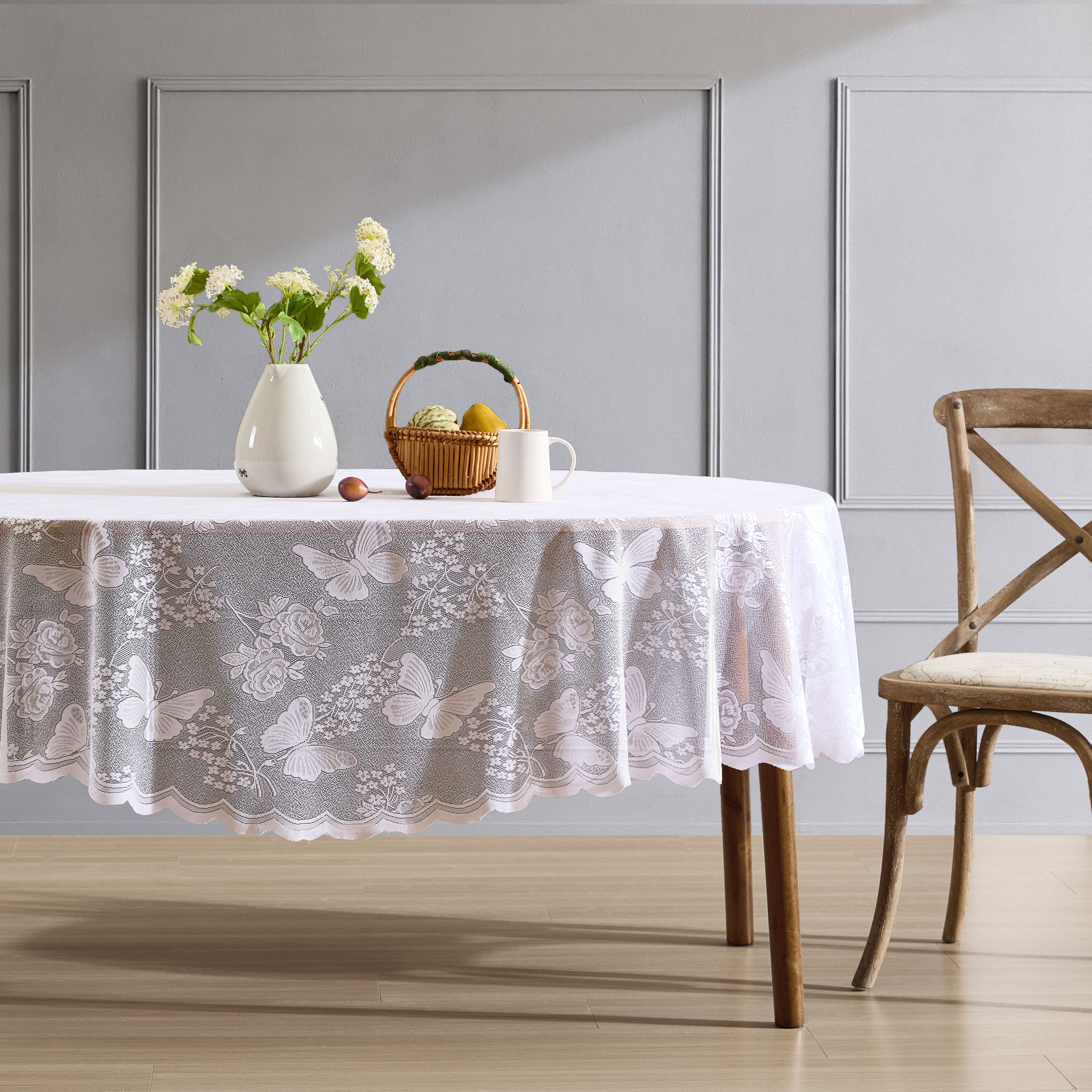 Butterfly Floral Lace Fabric Scalloped Tablecloth