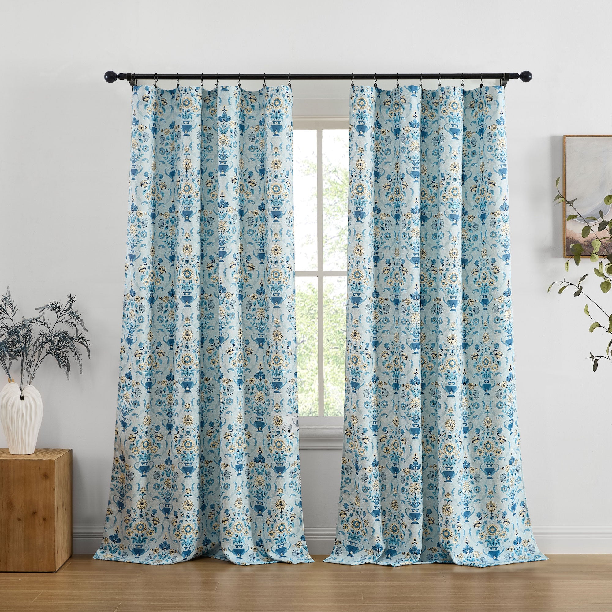 Clara Floral Damask Back Tab Rod Pocket Window Curtains - Pair