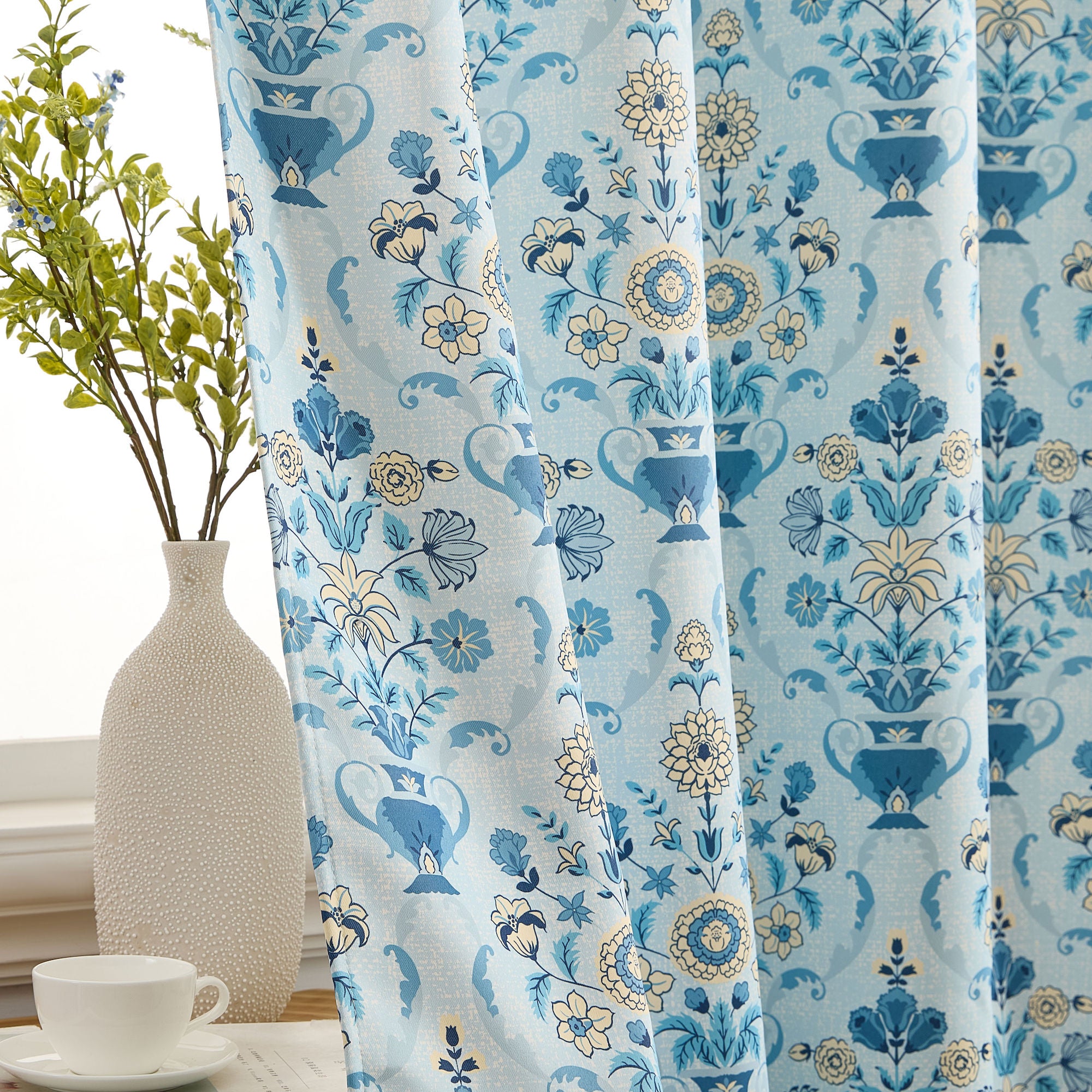 Clara Floral Damask Back Tab Rod Pocket Window Curtains - Pair