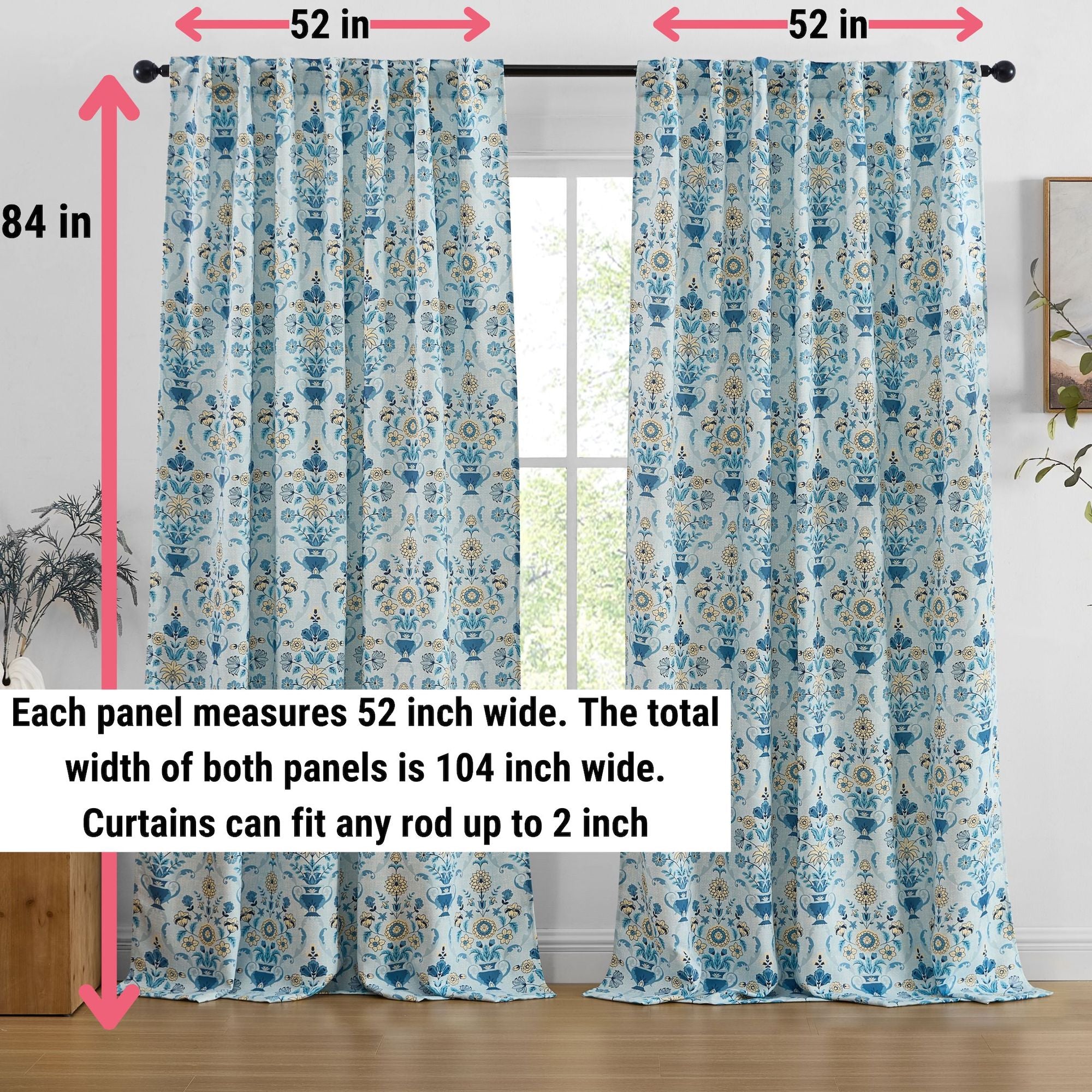 Clara Floral Damask Back Tab Rod Pocket Window Curtains - Pair