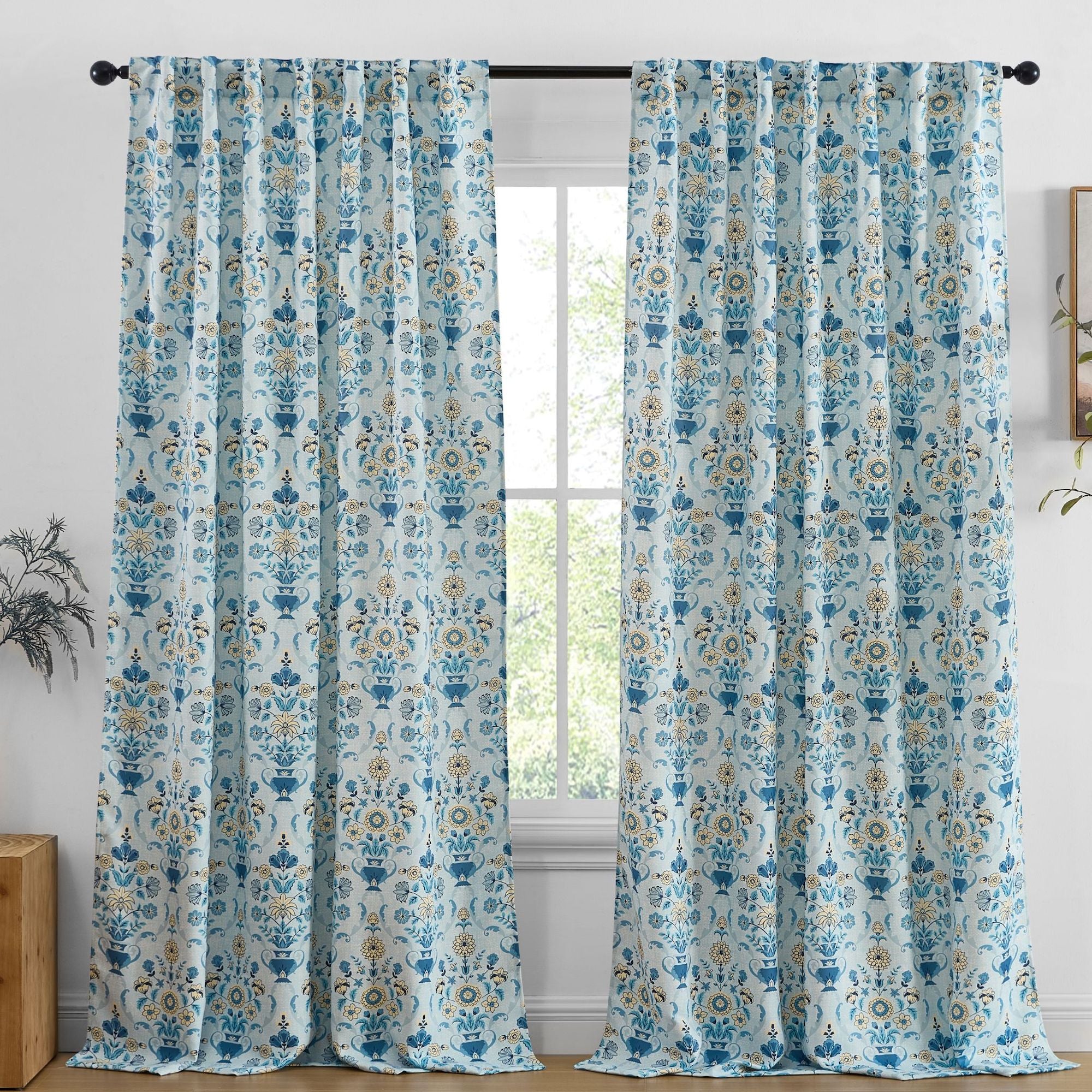 Clara Floral Damask Back Tab Rod Pocket Window Curtains - Pair