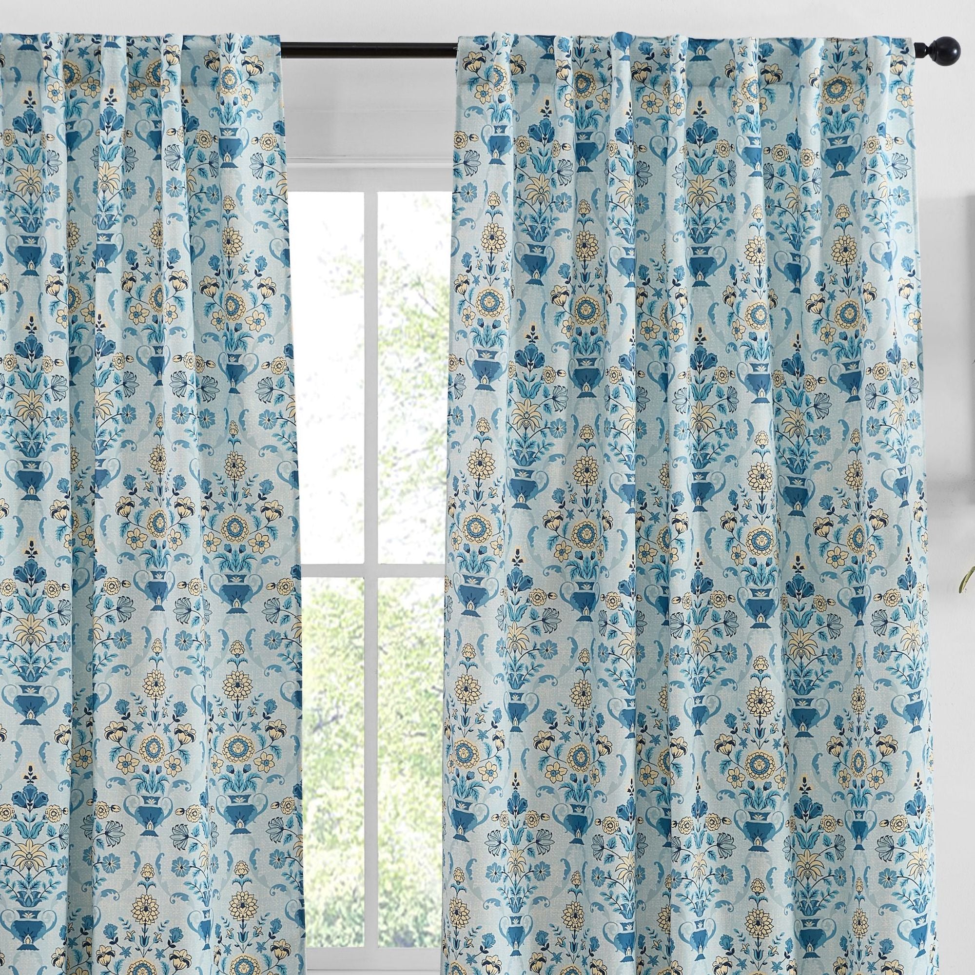 Clara Floral Damask Back Tab Rod Pocket Window Curtains - Pair