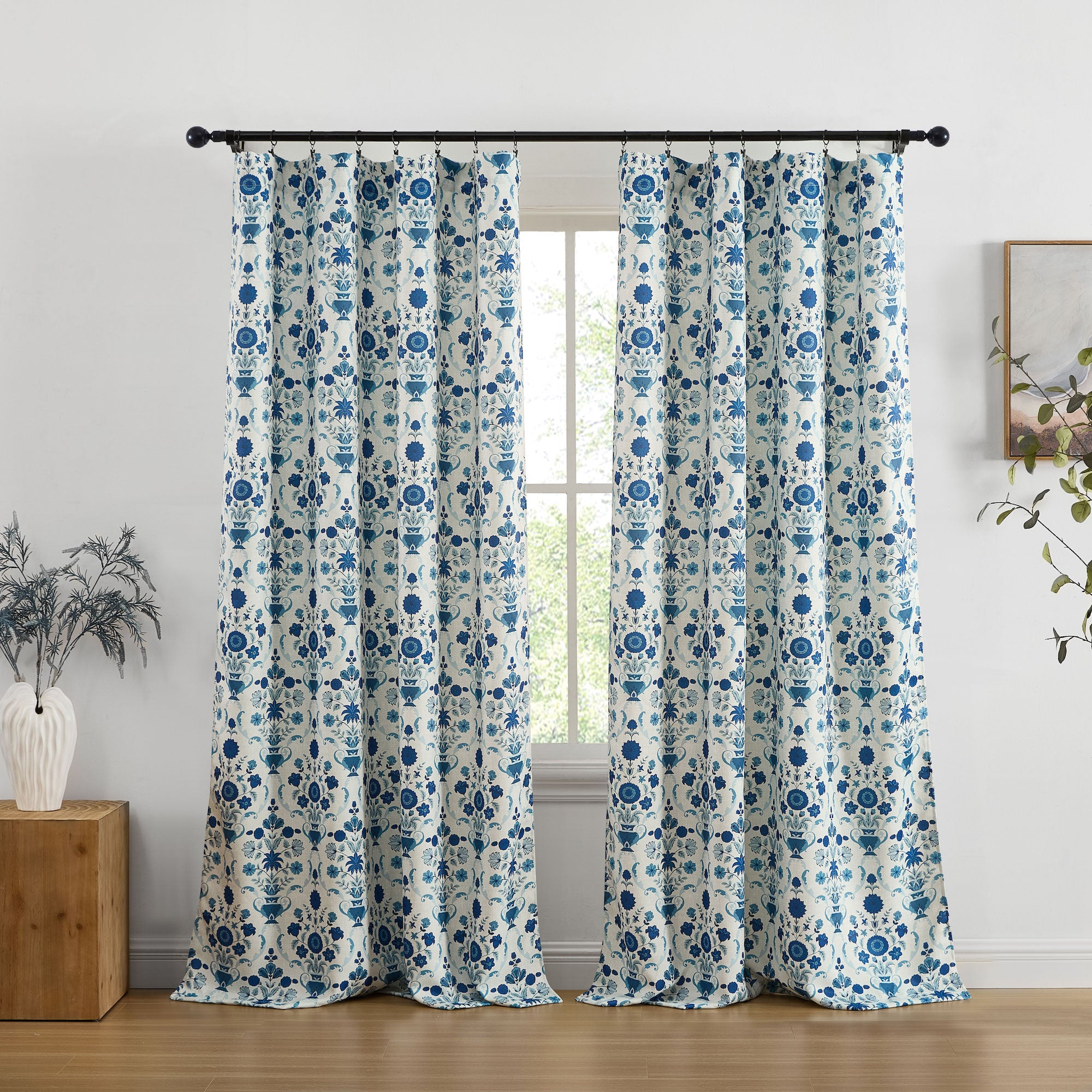 Clara Floral Damask Back Tab Rod Pocket Window Curtains - Pair