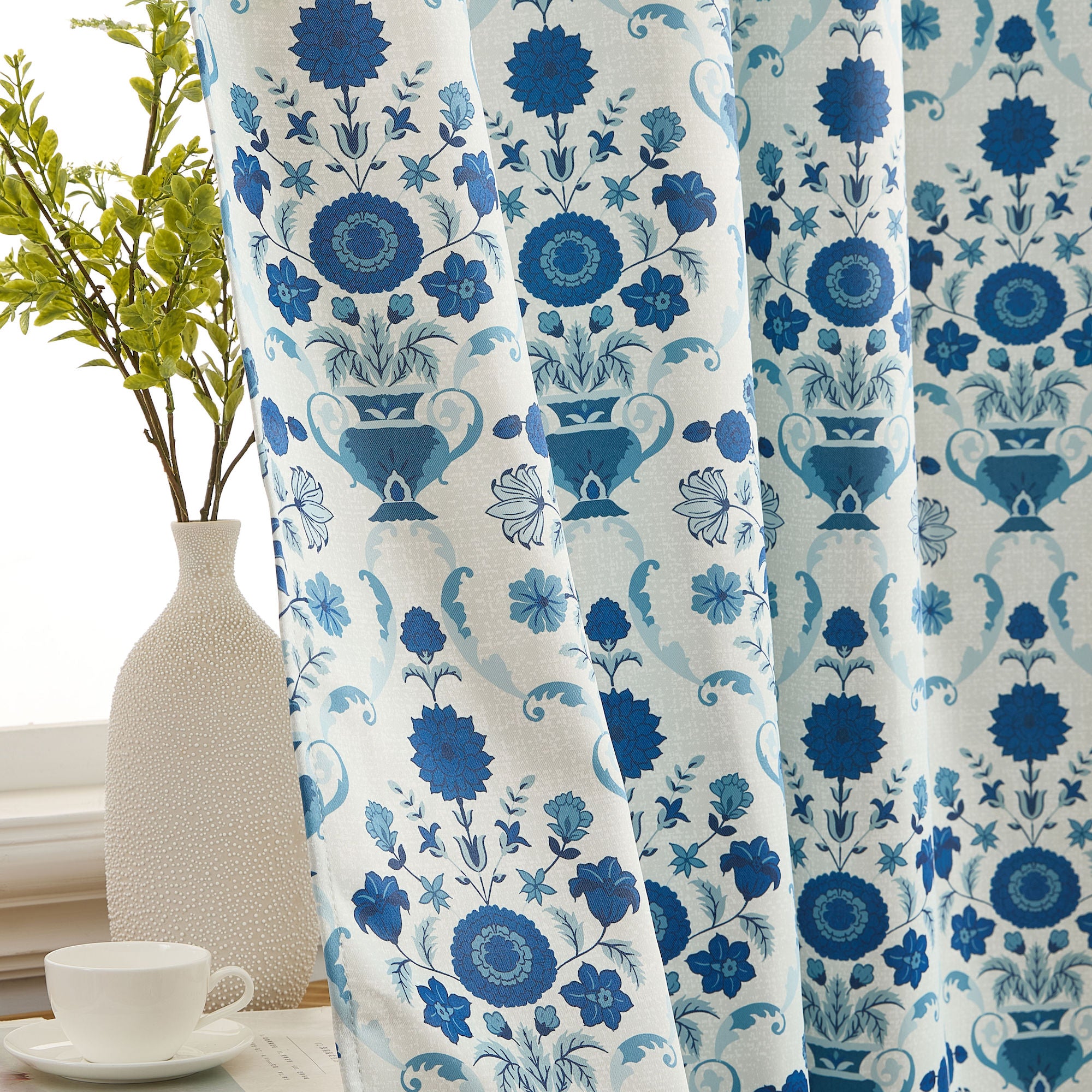 Clara Floral Damask Back Tab Rod Pocket Window Curtains - Pair