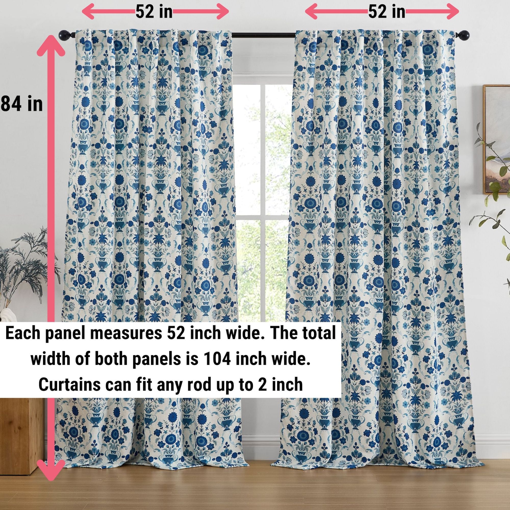 Clara Floral Damask Back Tab Rod Pocket Window Curtains - Pair