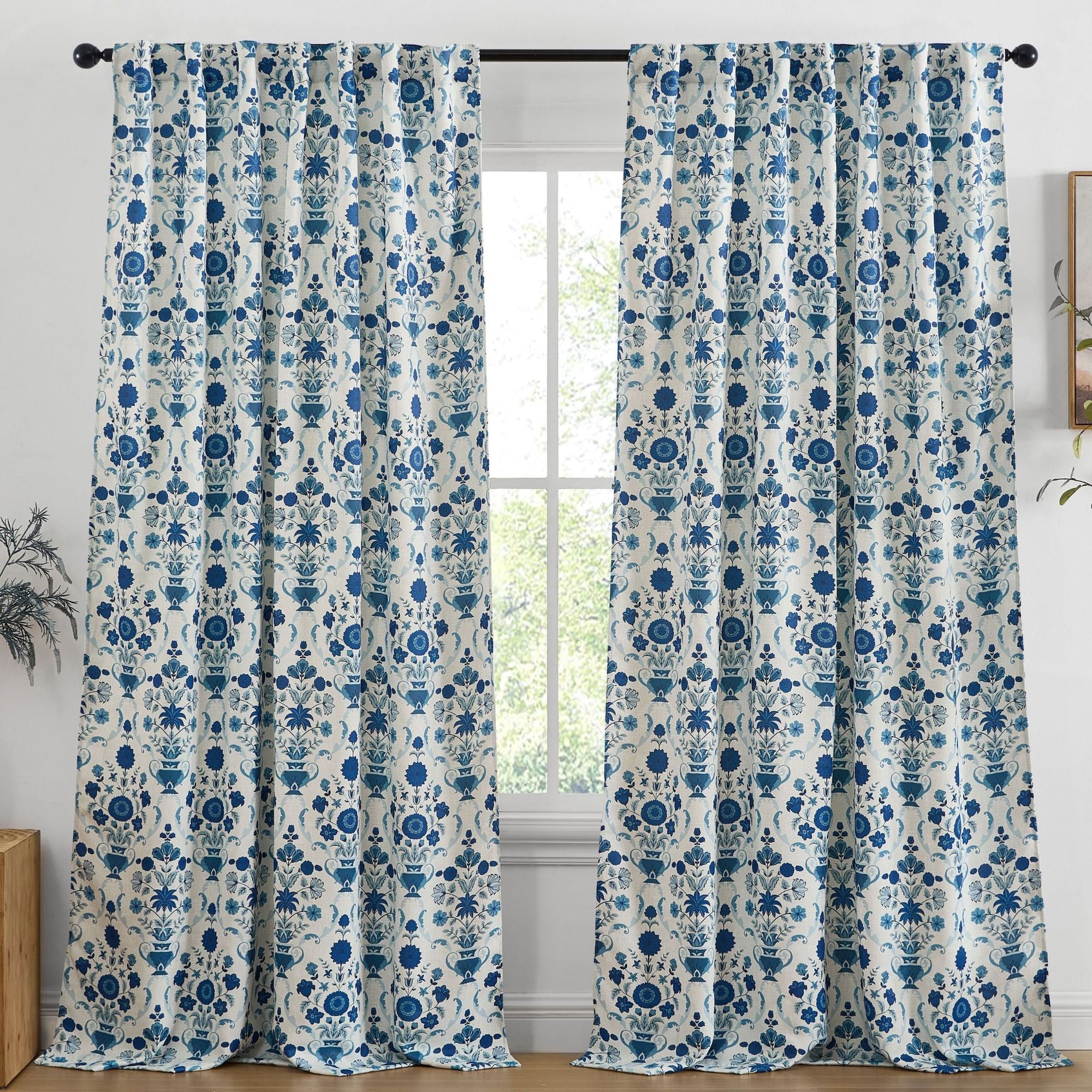 Clara Floral Damask Back Tab Rod Pocket Window Curtains - Pair