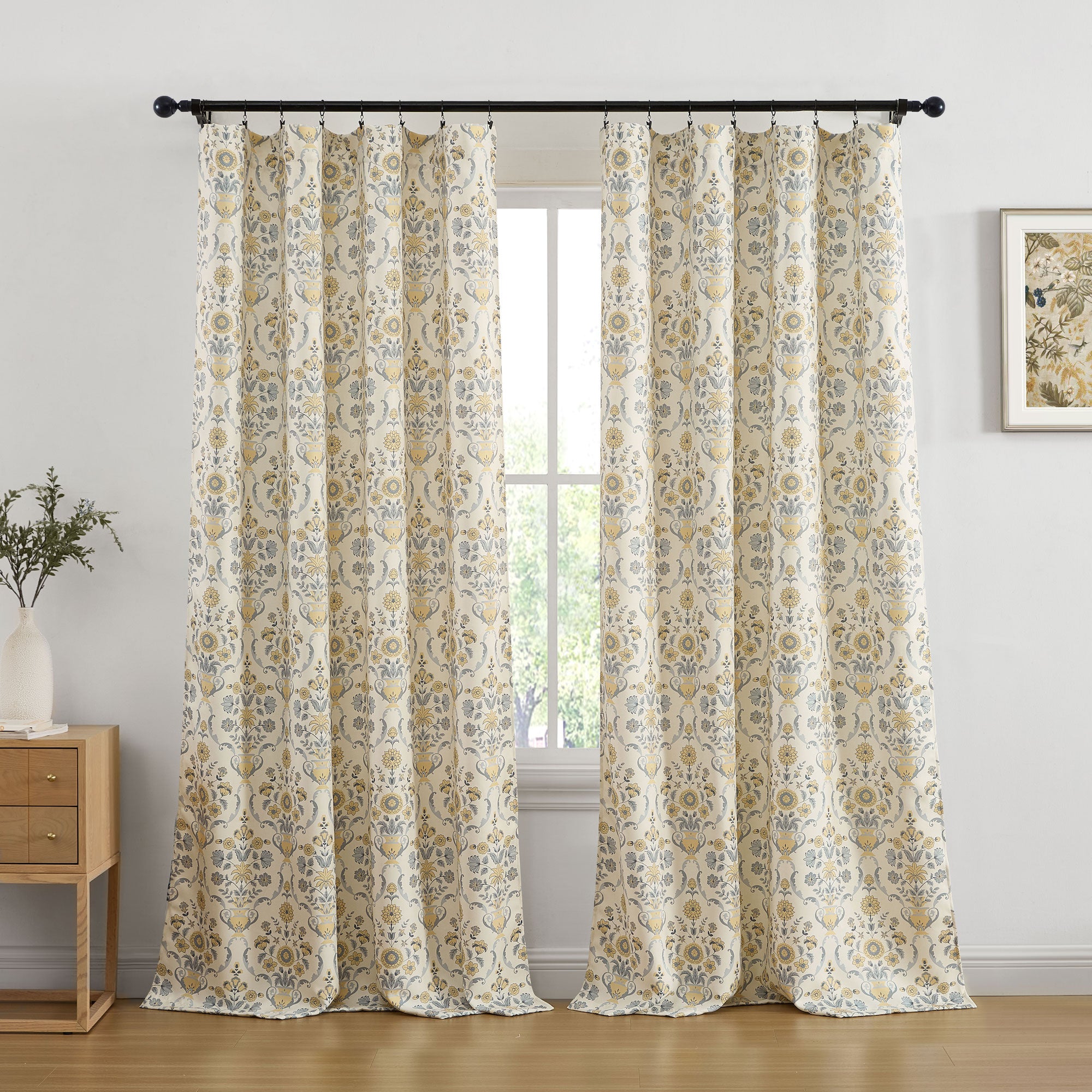 Clara Floral Damask Back Tab Rod Pocket Window Curtains - Pair