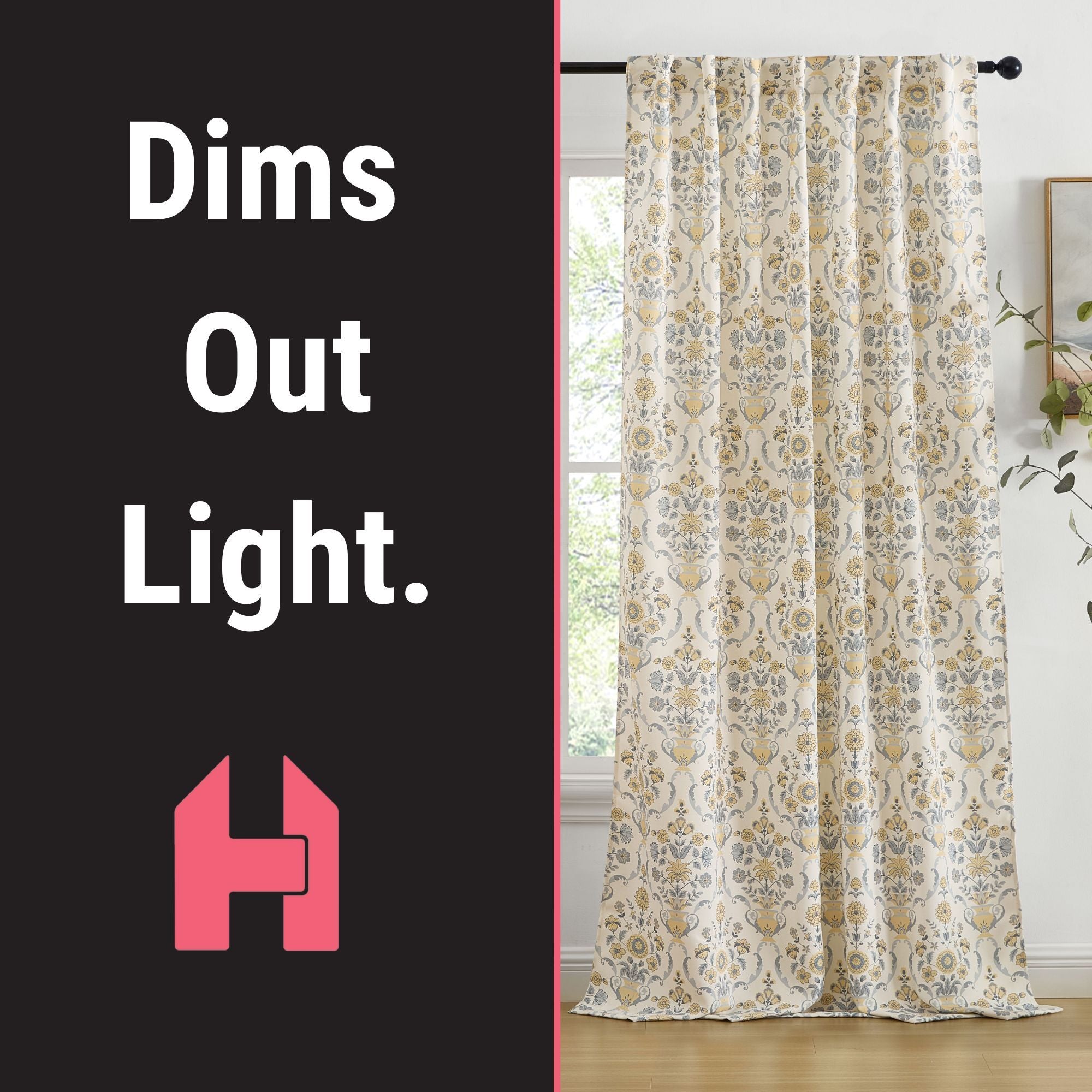 Clara Floral Damask Back Tab Rod Pocket Window Curtains - Pair