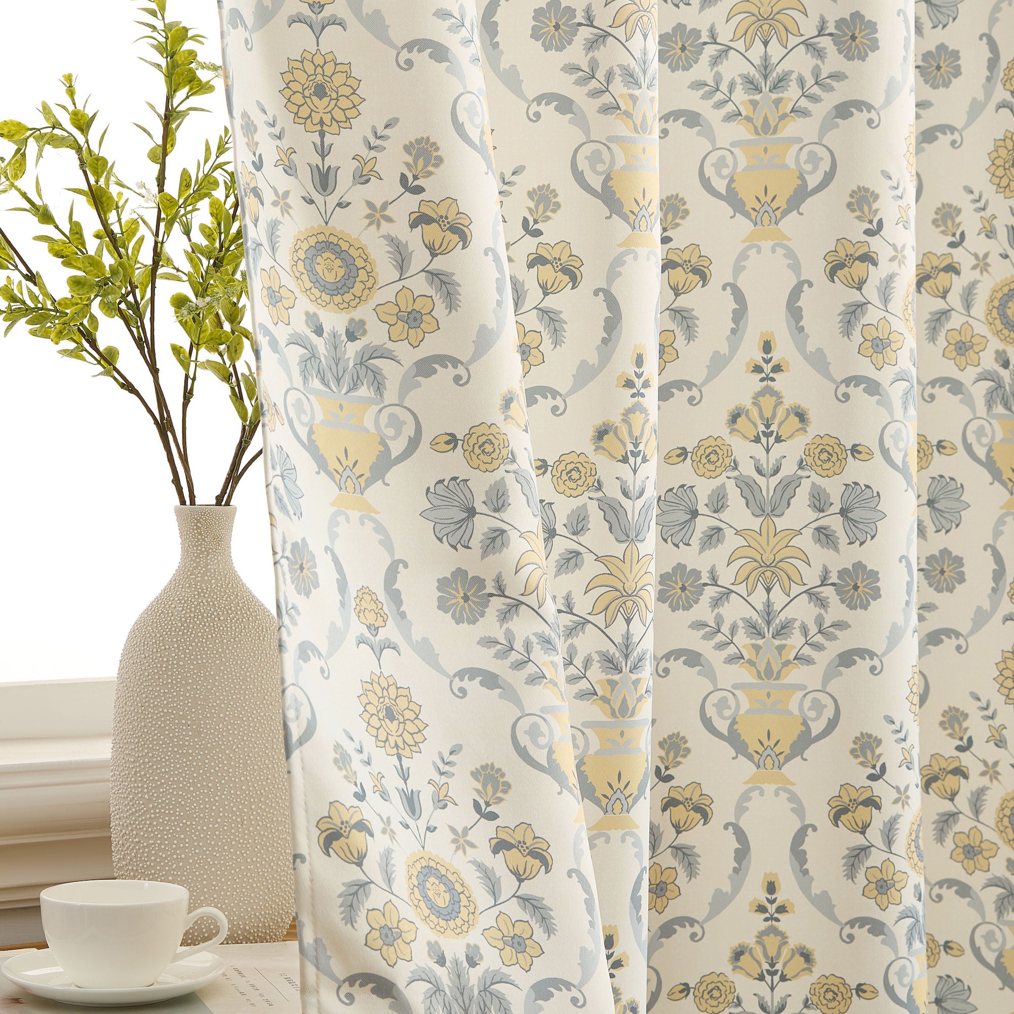 Clara Floral Damask Back Tab Rod Pocket Window Curtains - Pair