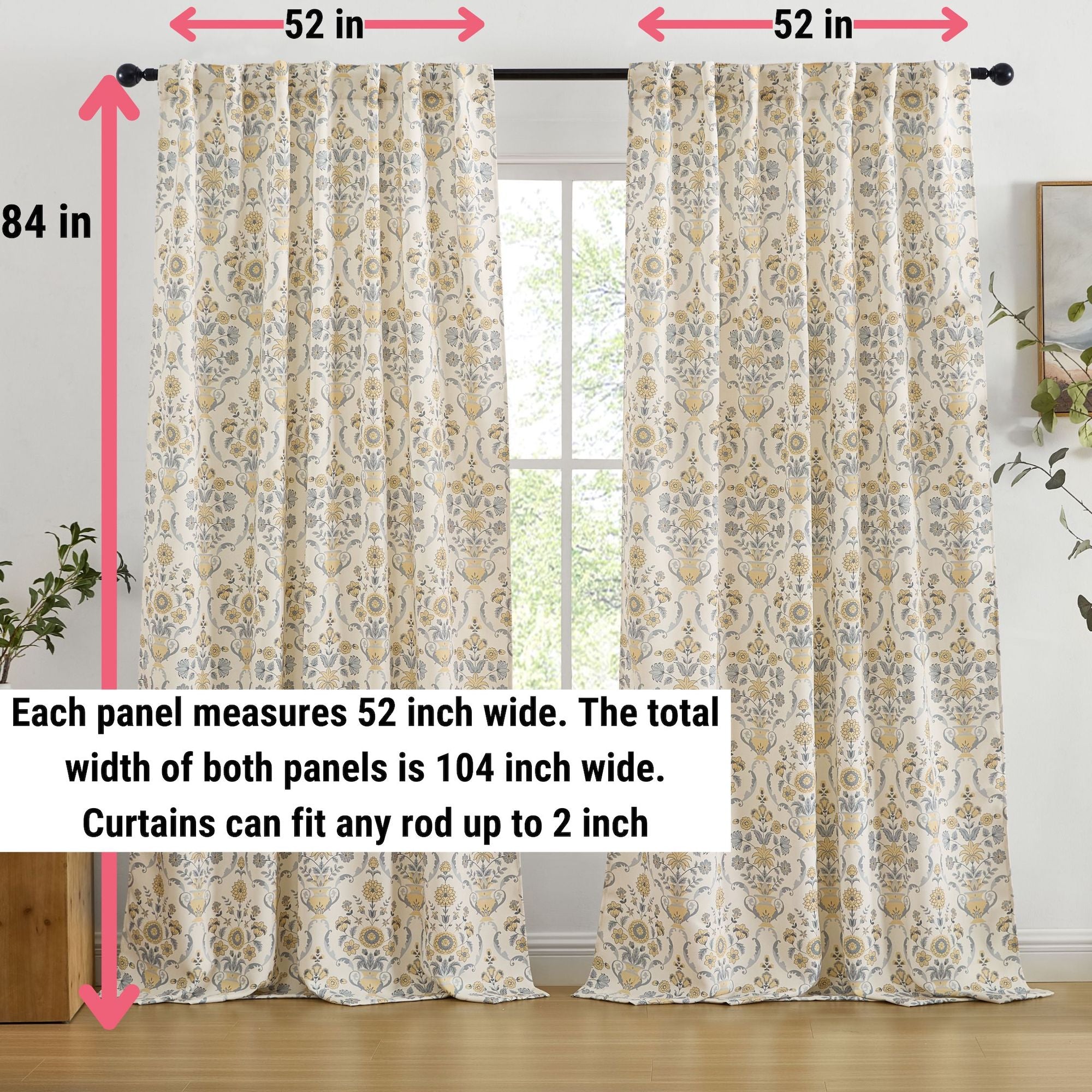 Clara Floral Damask Back Tab Rod Pocket Window Curtains - Pair