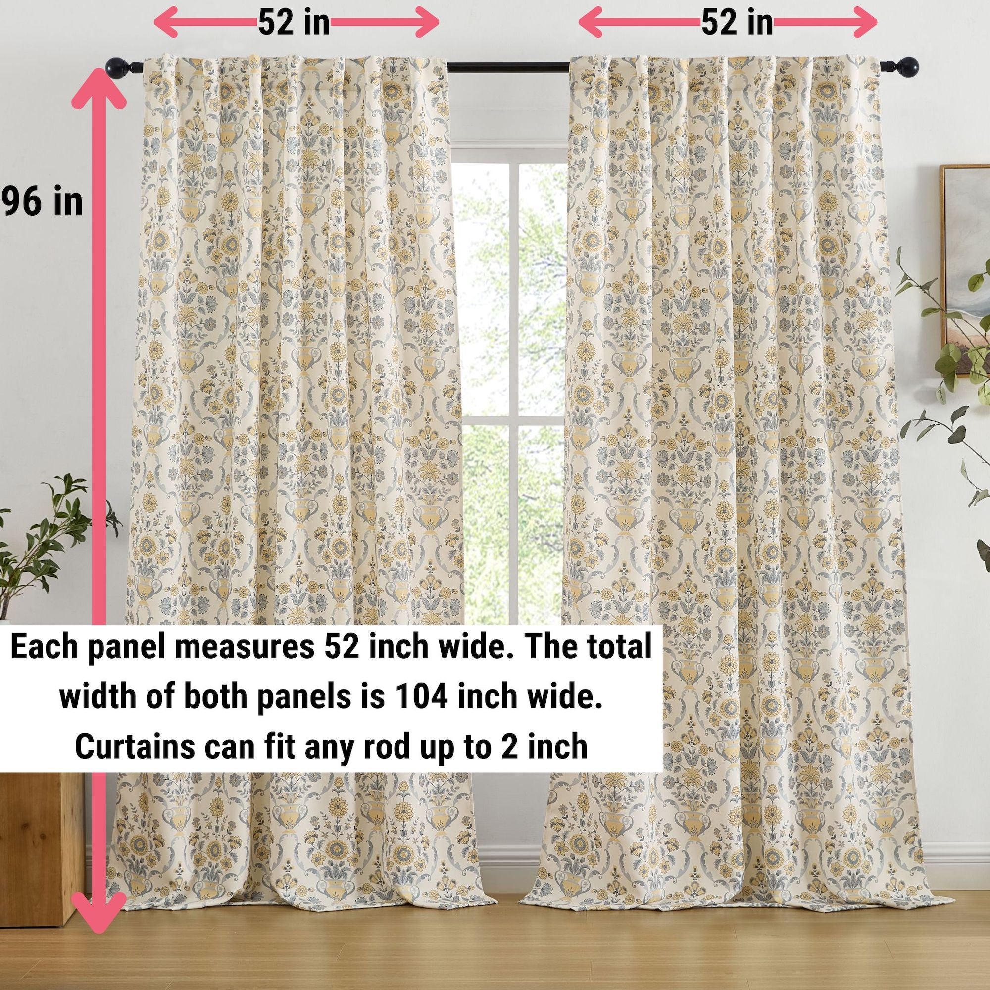 Clara Floral Damask Back Tab Rod Pocket Window Curtains - Pair
