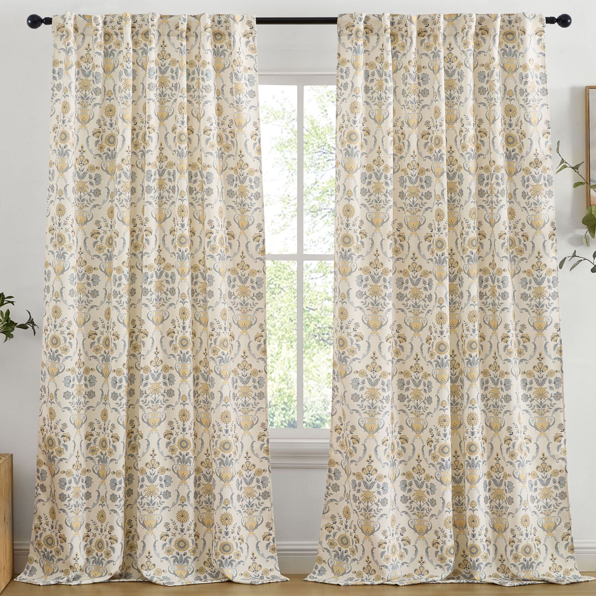 Clara Floral Damask Back Tab Rod Pocket Window Curtains - Pair