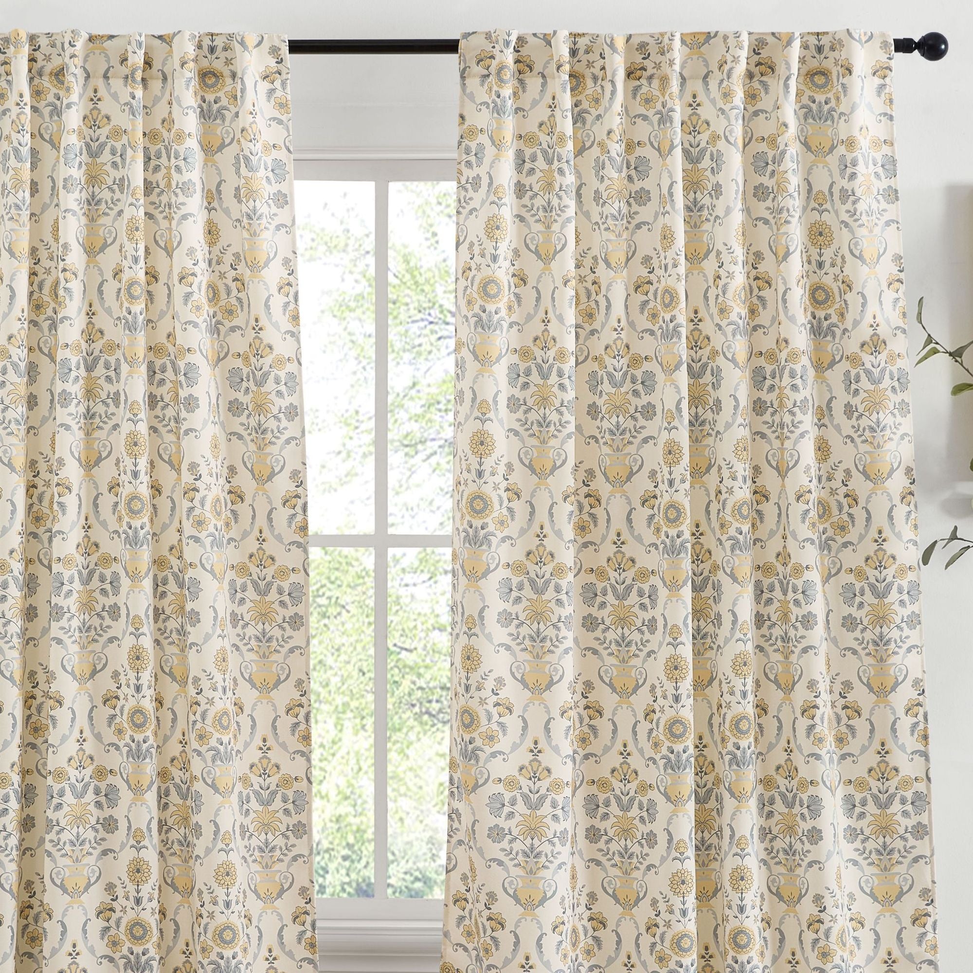 Clara Floral Damask Back Tab Rod Pocket Window Curtains - Pair