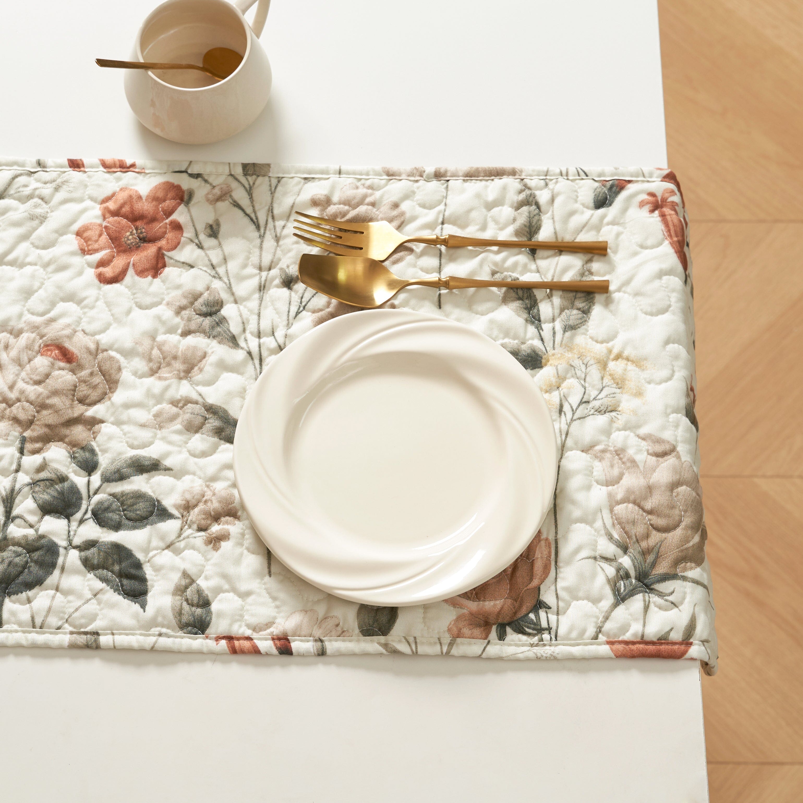 Enchanted Meadow Reversible Dinner Table Runner - Floral Elegance in Beige, Rose, and Soft Olive Green, Premium Soft Microfiber Quilted Table Runner