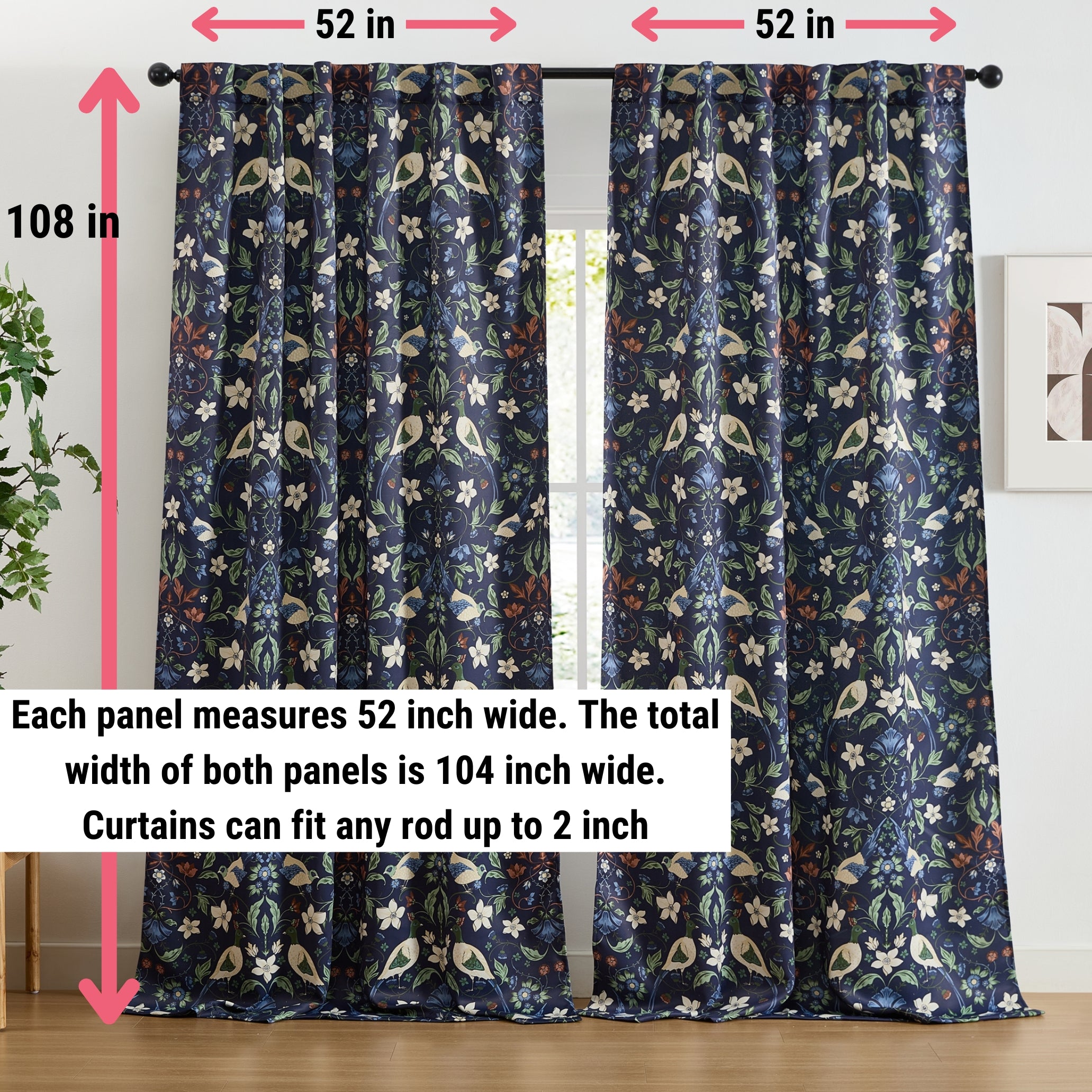 Florence Floral & Birds Curtains - Set of 2