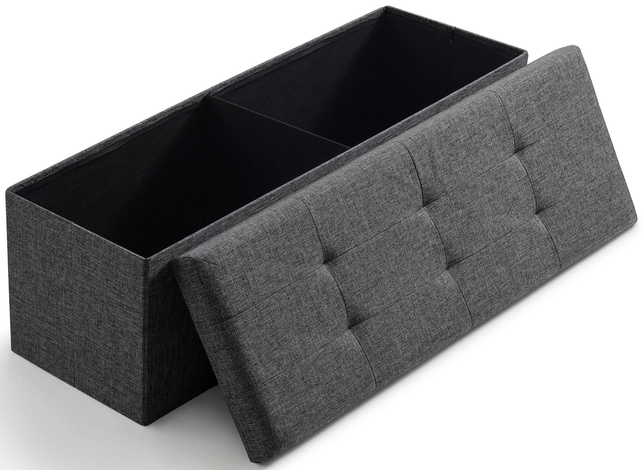 Foldable Tufted Linen Long Bench Storage Ottoman - Charcoal Gray
