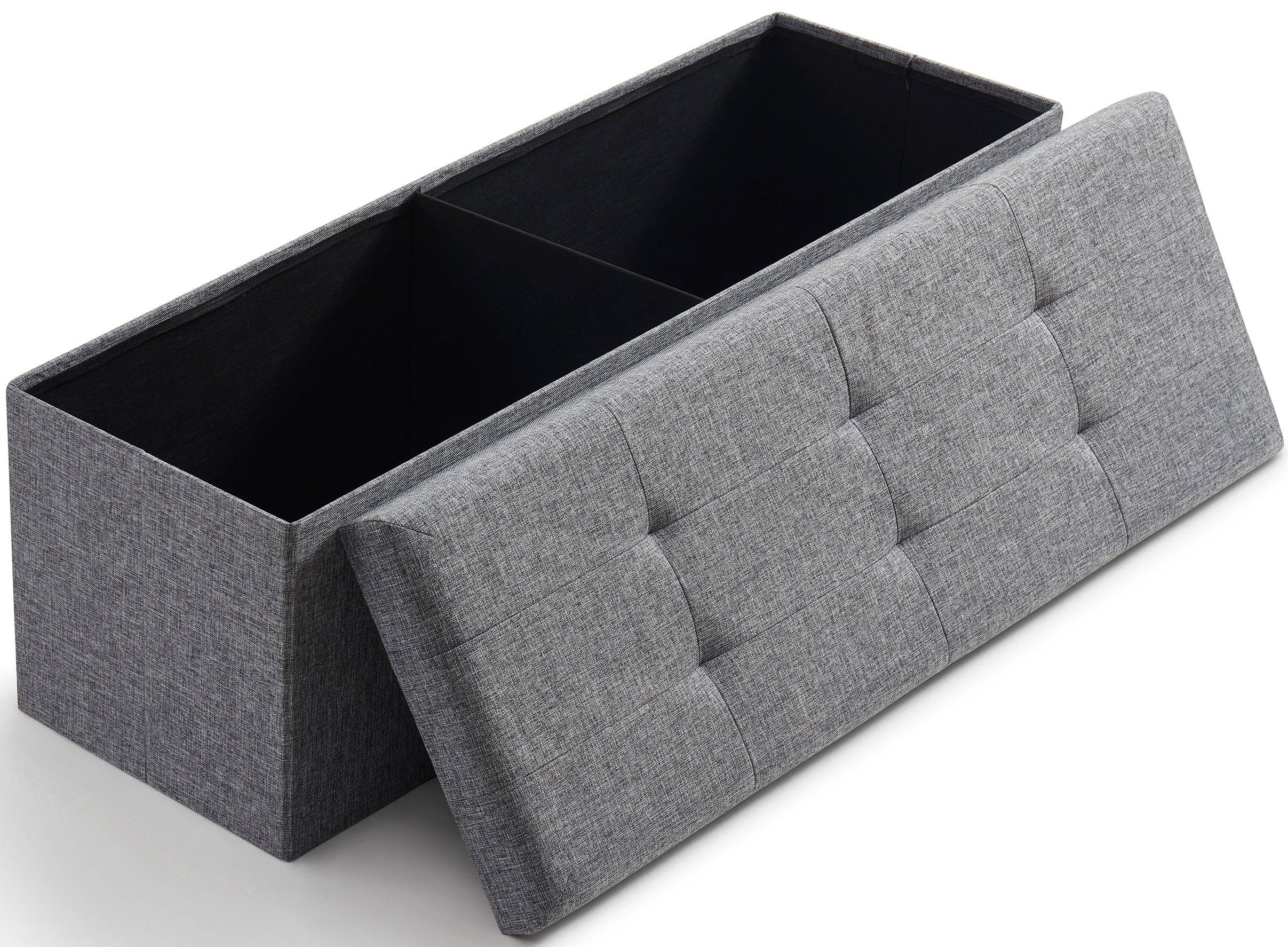 Foldable Tufted Linen Long Bench Storage Ottoman - Gray