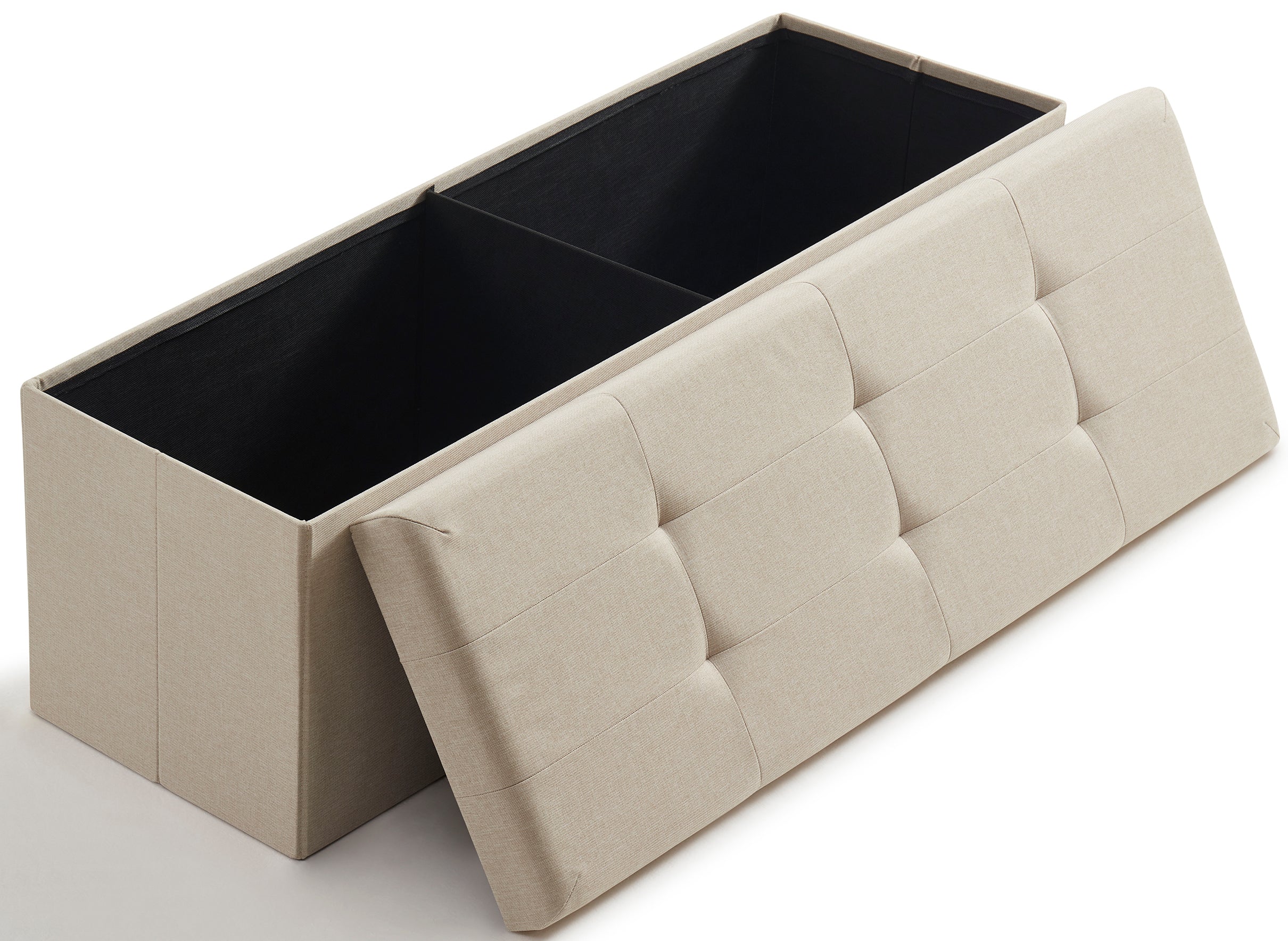 Foldable Tufted Linen Long Bench Storage Ottoman - Beige