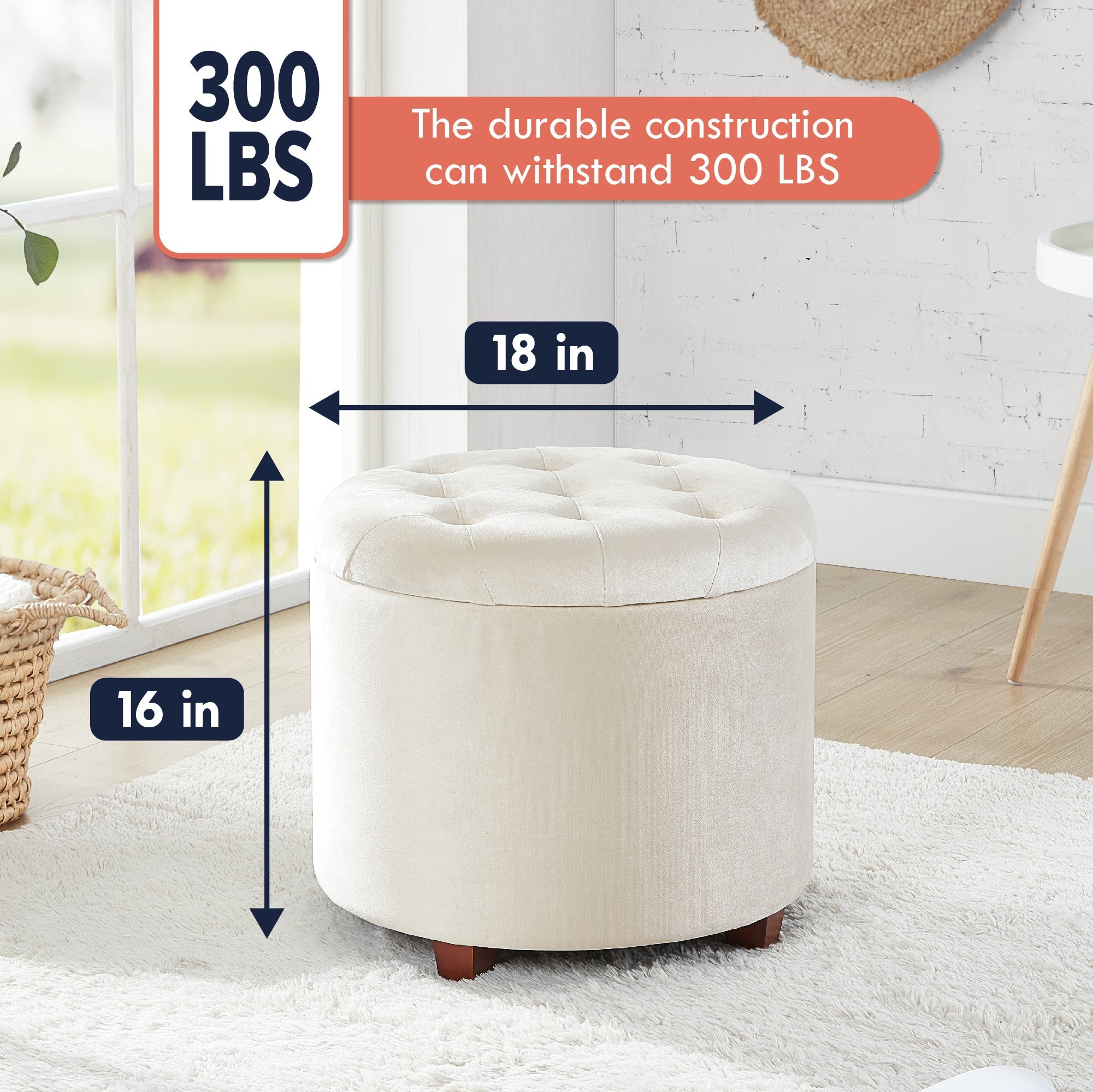 Donovan Round Tufted Velvet Storage Ottoman - Cream