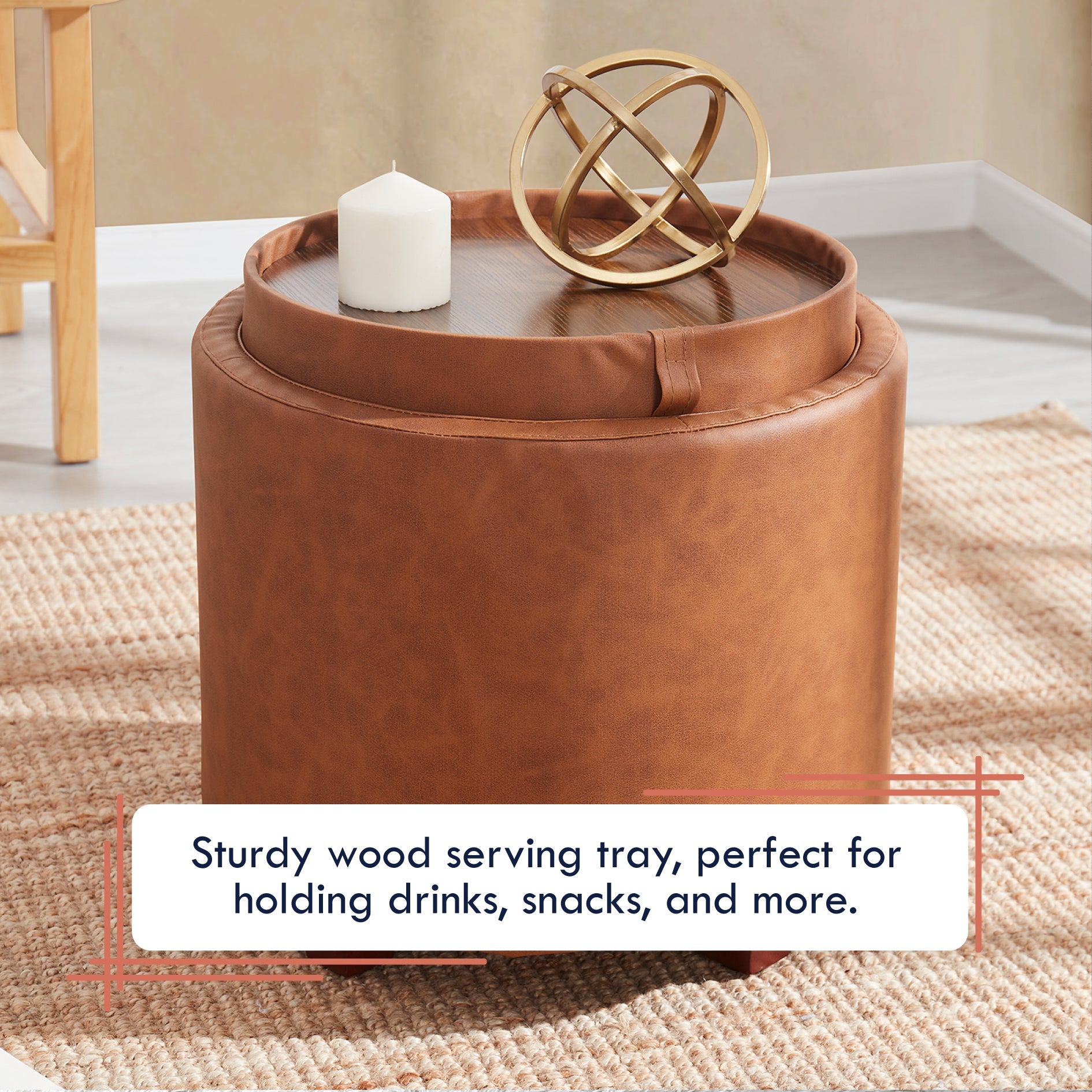 Lawrence Round Faux Leather Storage Ottoman with Table Top Lid - Cognac