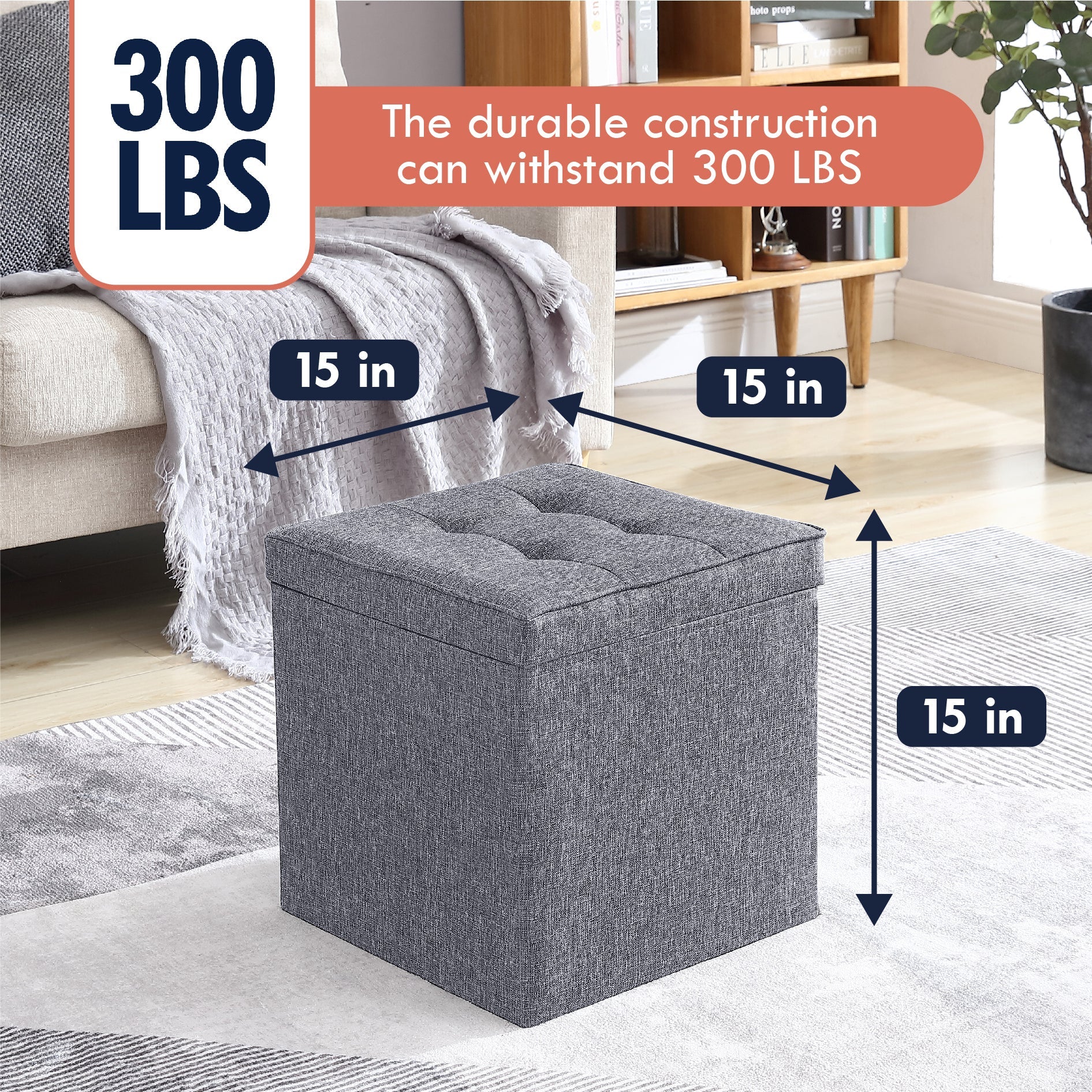 Collapsible Tufted Linen Square Coffee Table Storage Ottoman - Gray