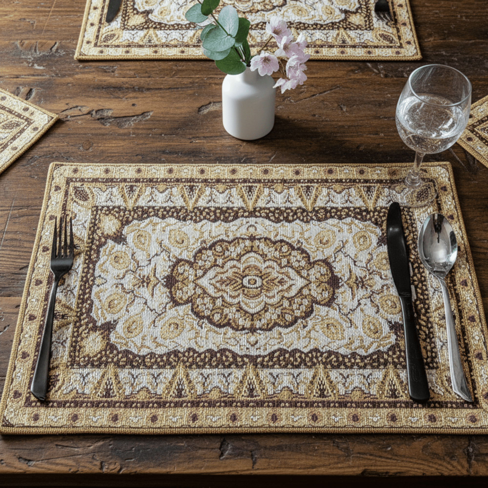 Set of 4-6 Pieces Royal Persian Style Rug Golden Brown Floral Tapestry Placemats 13" x 19" (18119)