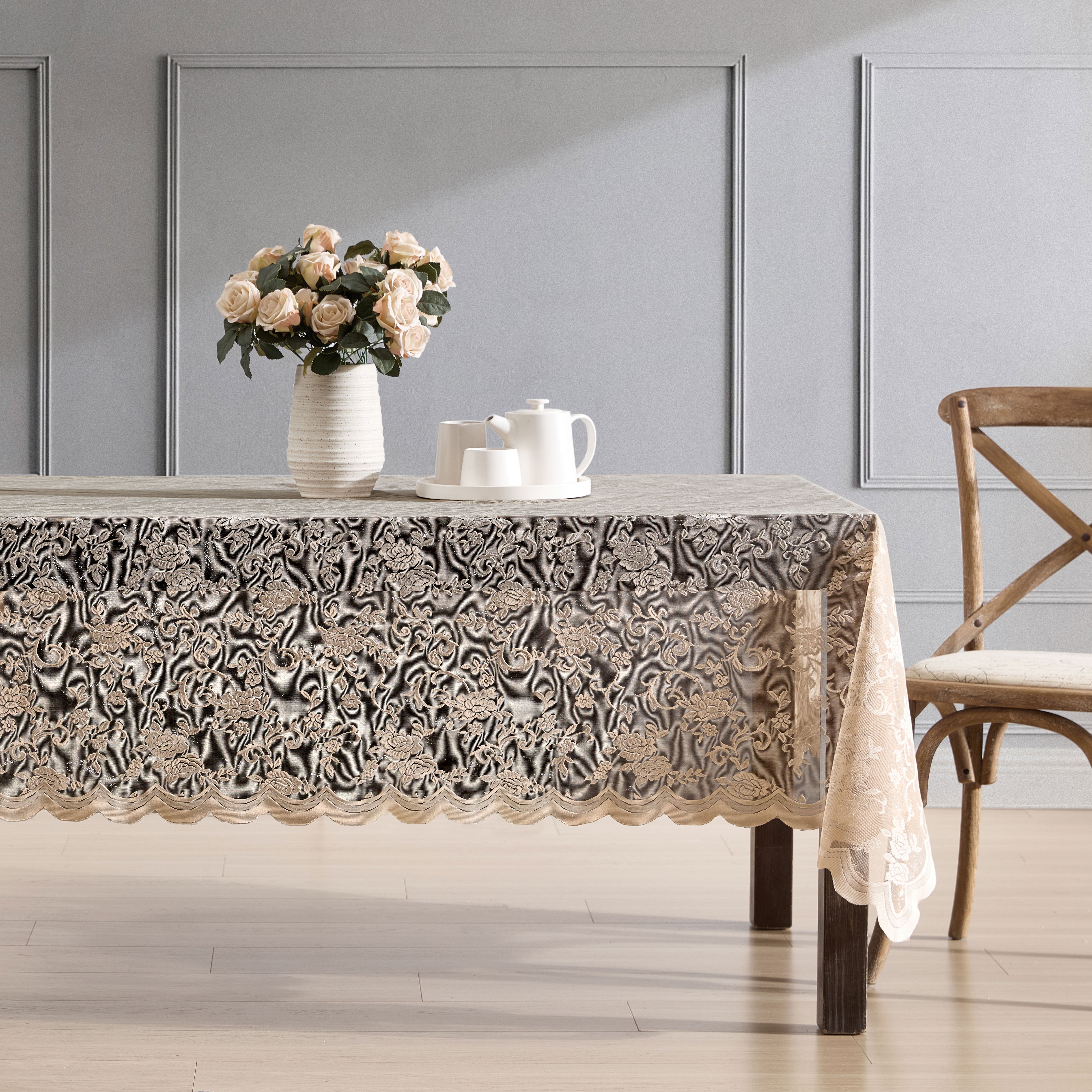 Harper Floral Lace Fabric Scalloped Tablecloth