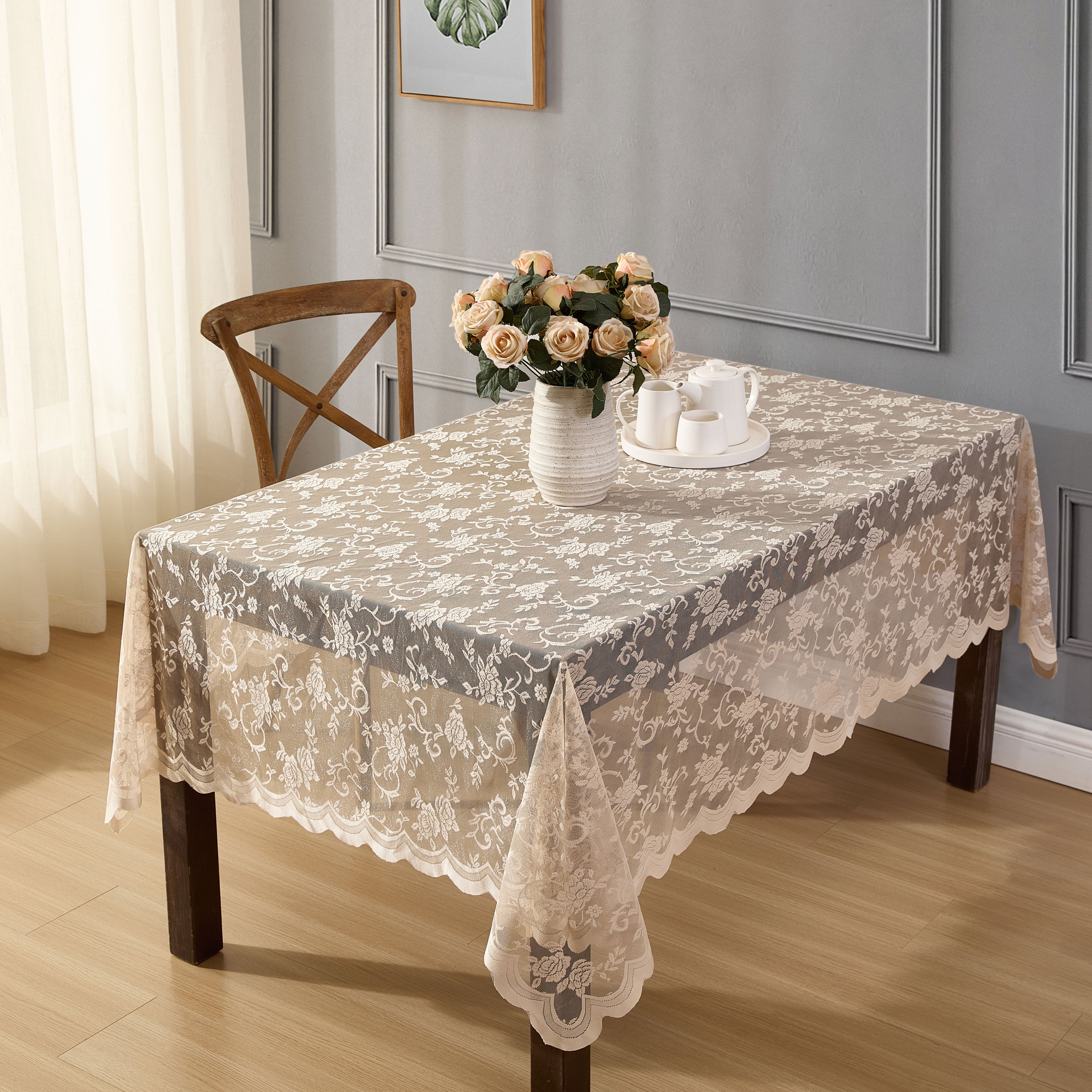 Harper Floral Lace Fabric Scalloped Tablecloth