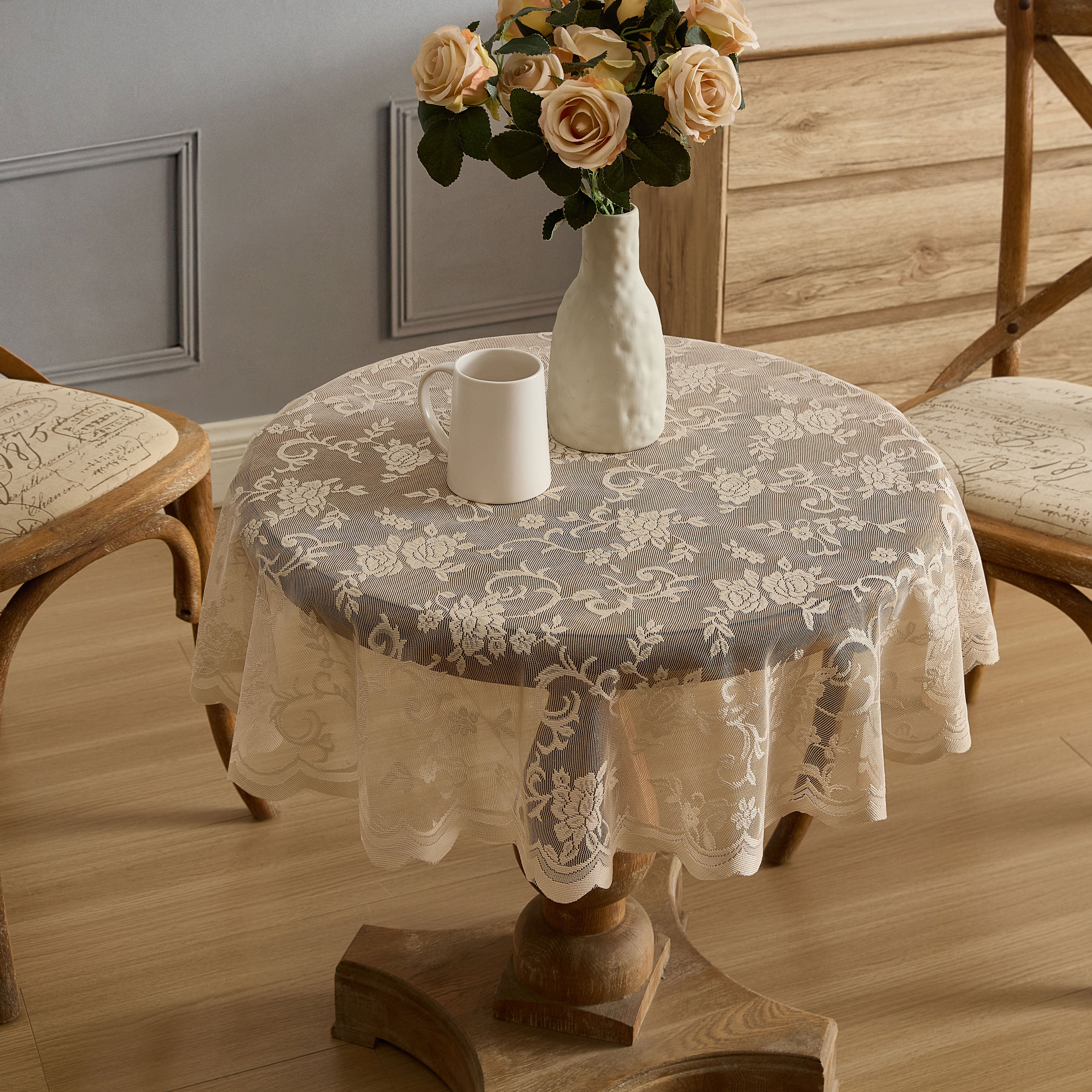 Harper Floral Lace Fabric Scalloped Tablecloth
