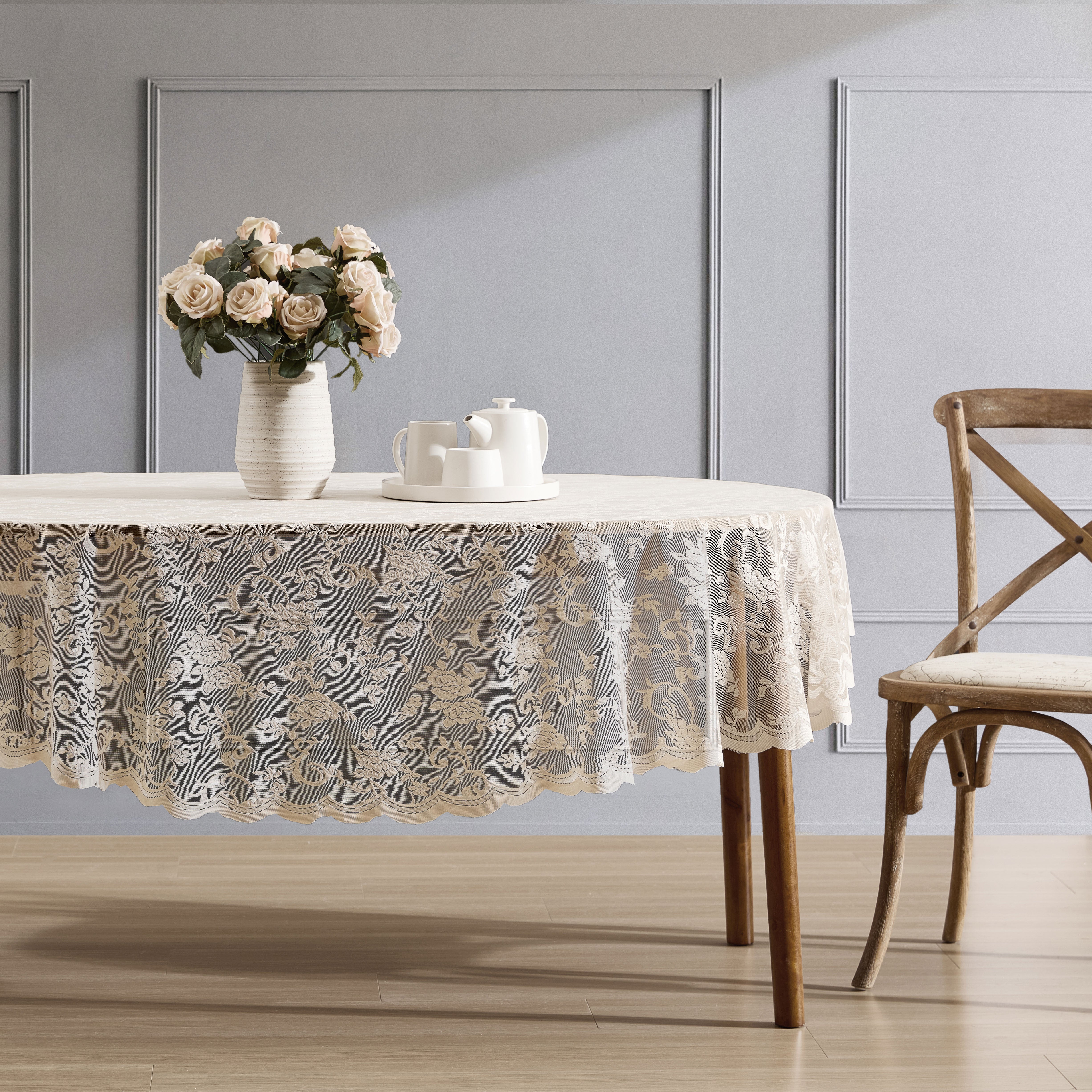 Harper Floral Lace Fabric Scalloped Tablecloth