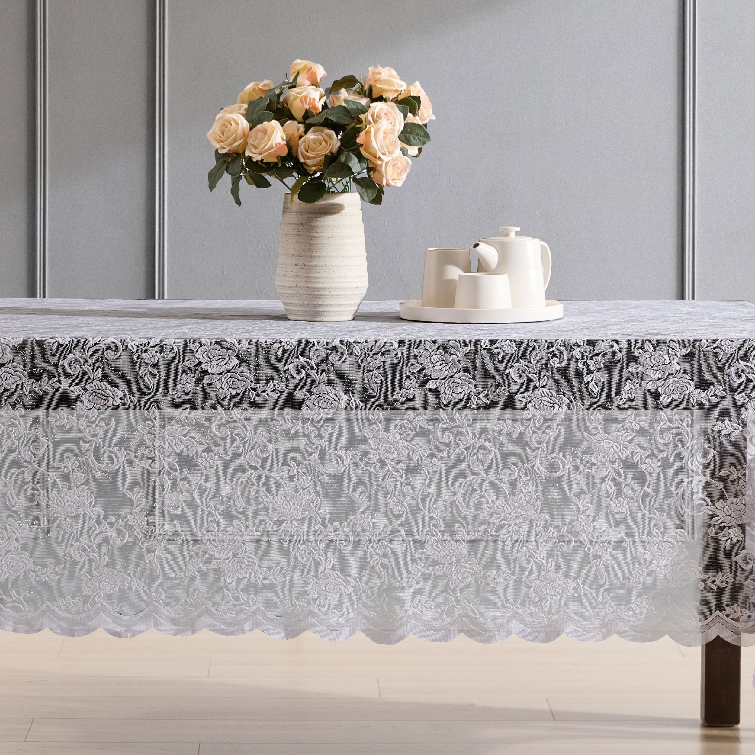 Harper Floral Lace Fabric Scalloped Tablecloth