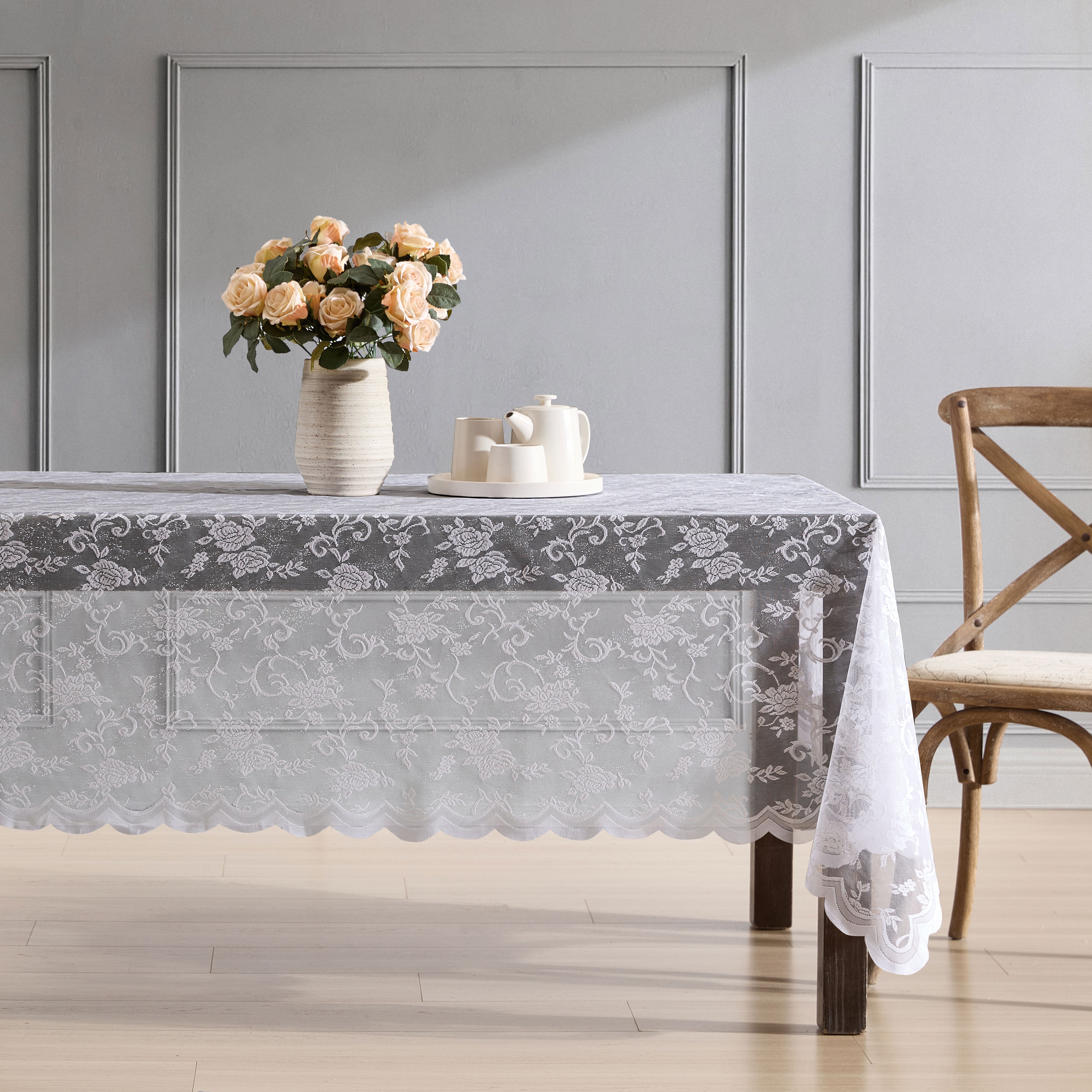 Harper Floral Lace Fabric Scalloped Tablecloth