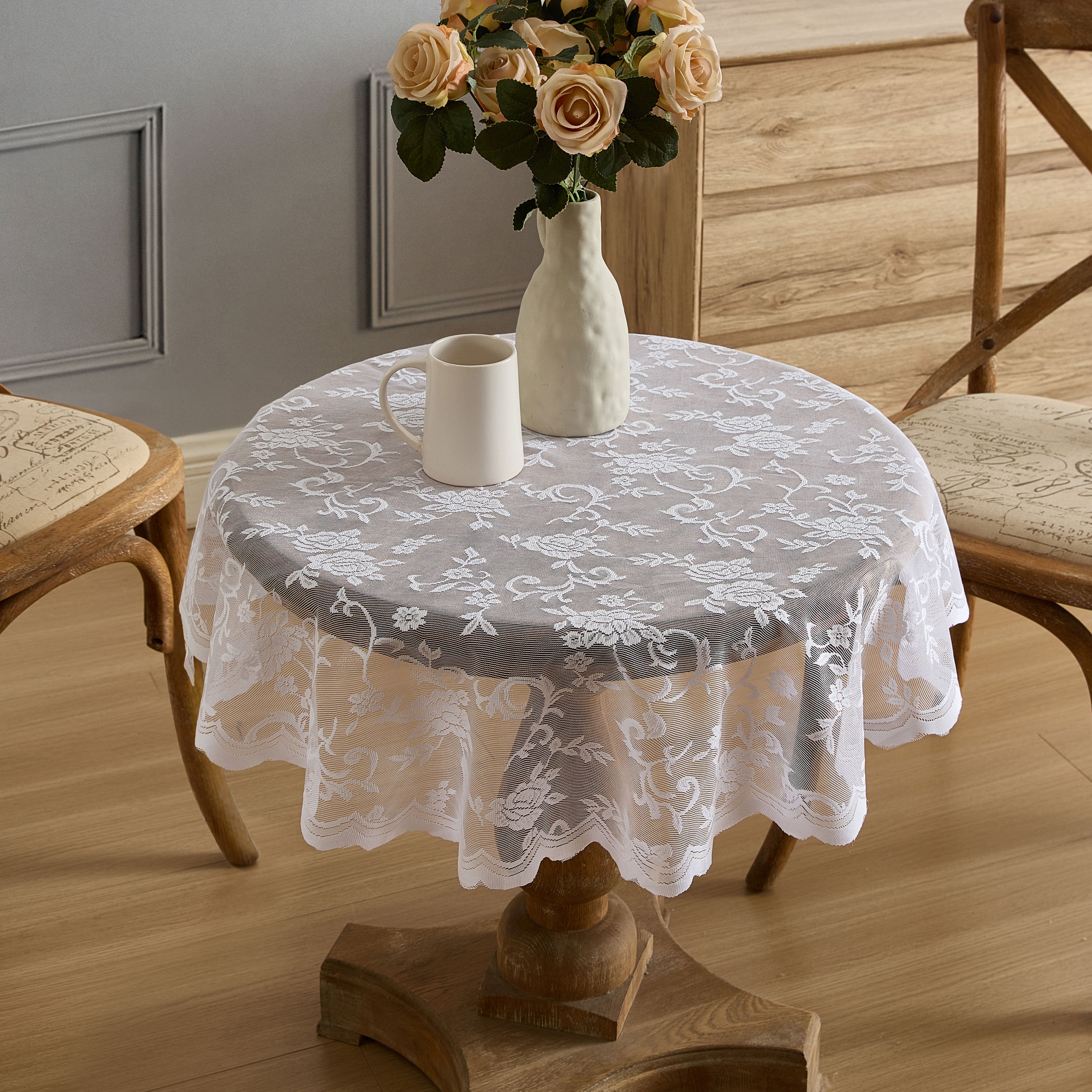 Harper Floral Lace Fabric Scalloped Tablecloth