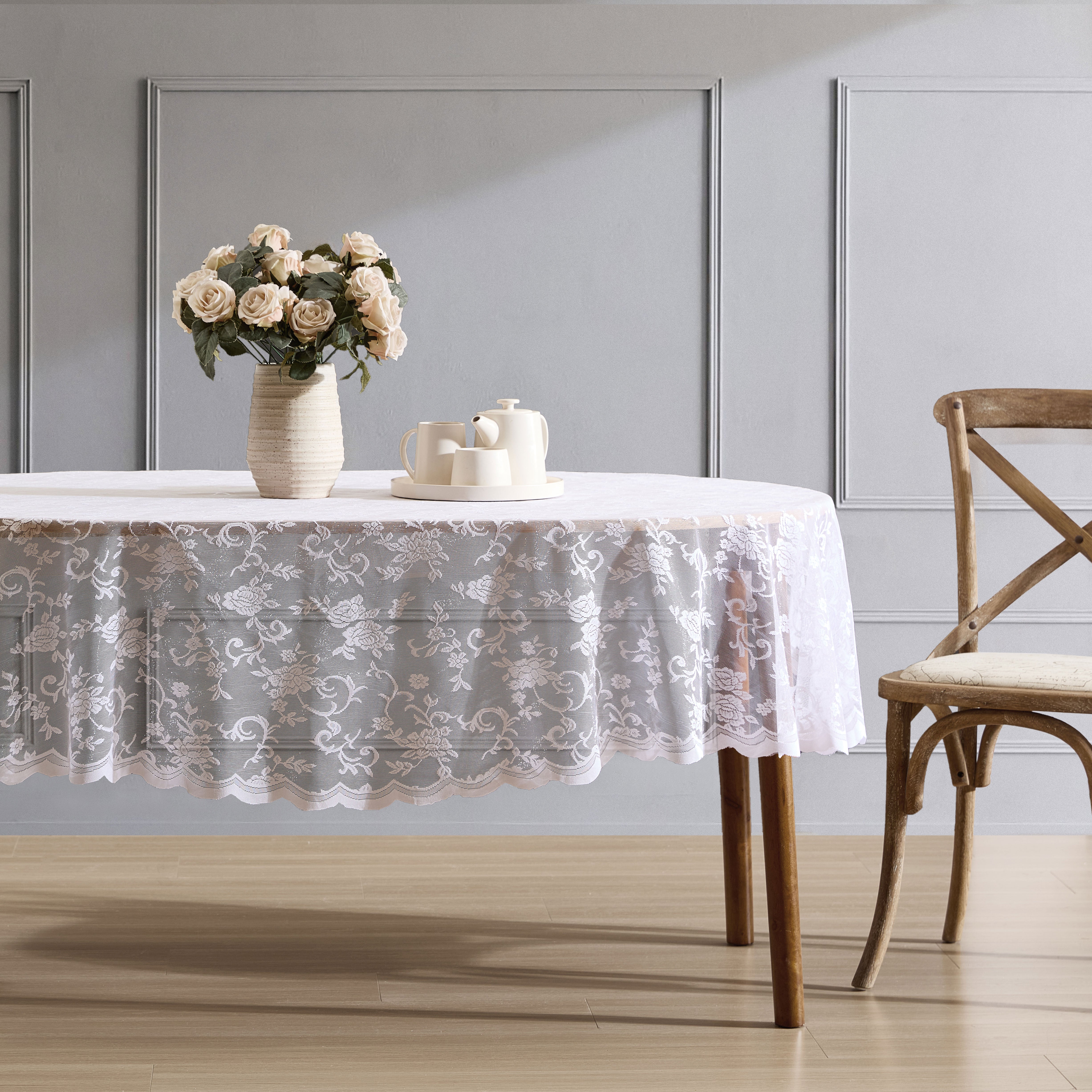 Harper Floral Lace Fabric Scalloped Tablecloth